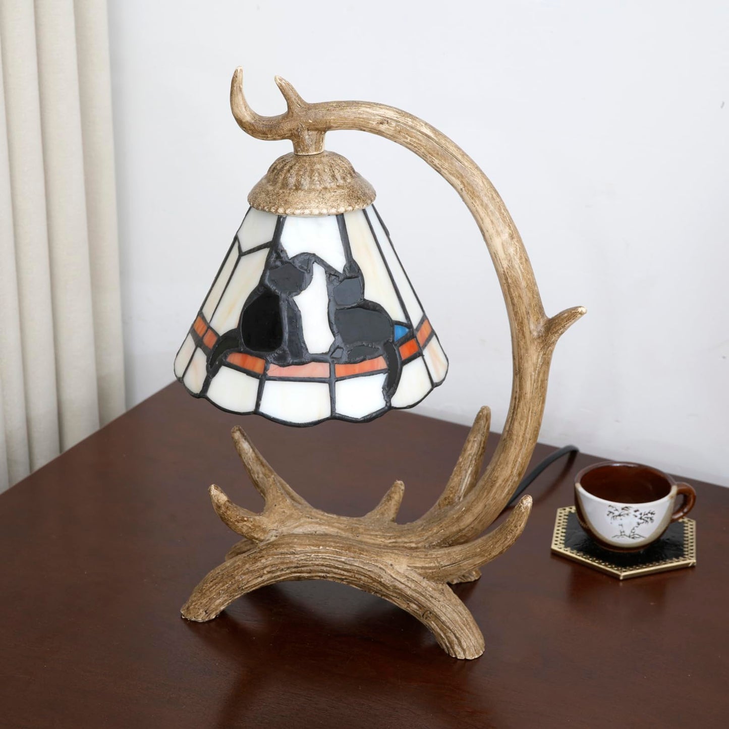 Halloween Black Cat Tiffany Lamp Stained Glass Table Lamp rustic Antler Desk Lamps Christmas Kids Decor Cute Cat Lamp Lover Gift For Bedroom Bedside Nightstand Kitchen Living Room Office Night Light