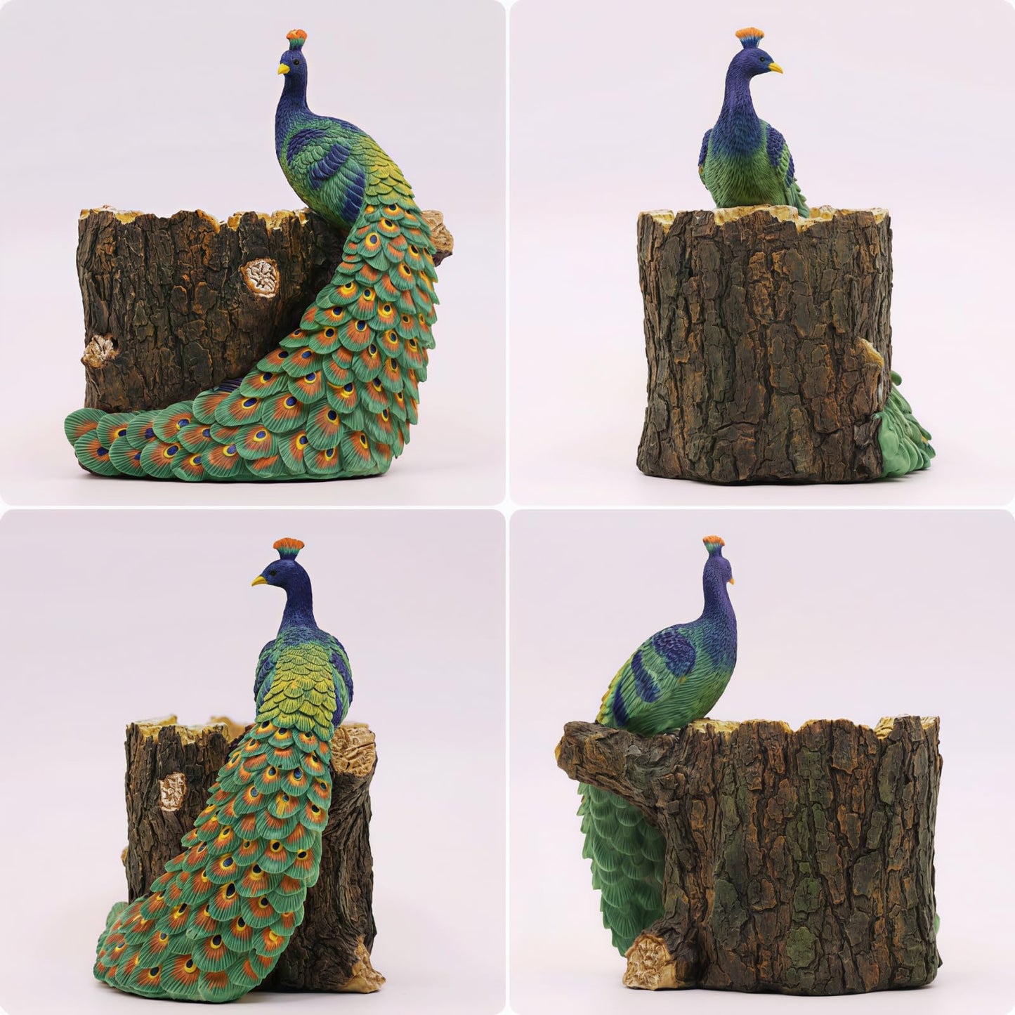 Big Stone Art Peacock Figurine Tree Stump Planter, Resin, Decorative Flower Pot for Indoor and Outdoor Use, Pen Holder Desk Organiser Nature Theme Garden Decor, Statue Sculpture (Blue)