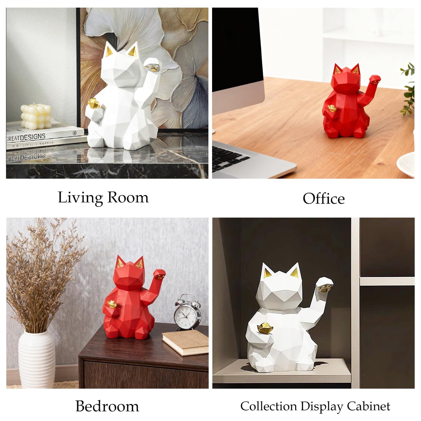 Milnnie Geometric Lucky Cat Figurine 4"x5"x6" – Resin Maneki Neko Feng Shui Decor, Modern Fortune Cat Sculpture for Living Room, Office, Desktop, Bar Cabinet (White)