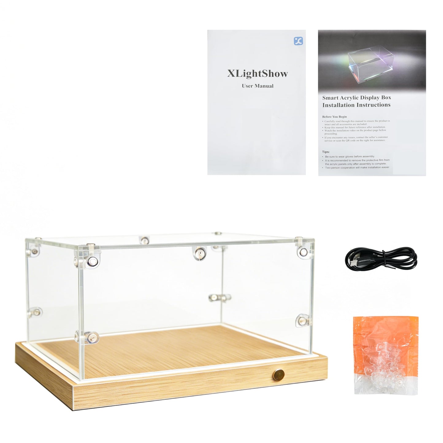 POKIAUTO Clear Acrylic Display Case with RGB Lights, Acrylic Storage Organizers Box Dustproof Showcase on Wooden Base for Toys/Figures/Collectibles, APP & Button Control, Music Sync (15.7x7.8x5.9in)