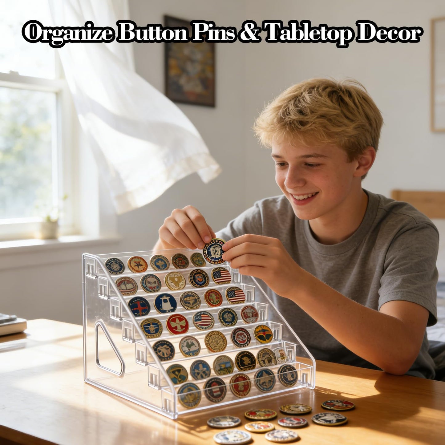 deapera 4 Pack 7 Tier Clear Acrylic Display Stand with Fences, Versatile Organizer for Button Pins, Graded Cards, Mini Figures, Makeup, Nail Polish & Coffee Capsules (4 Pack)