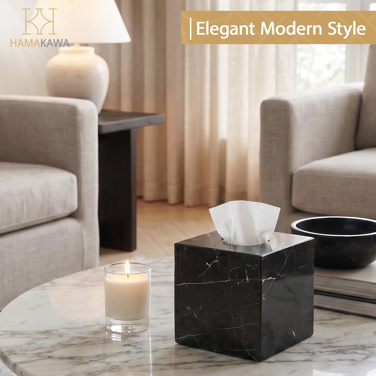 HAMAKAWA Natural Marble Tissue Box Cover, Black Tissue Organizer 6 x 6 x 5.7 inch, Heavy Stone Decorative Box, Square Tissue Box Holder for Home Decor, Kitchen, Bathroom, Bedroom