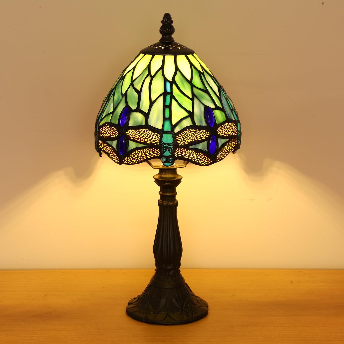 KALOUFUL Small Tiffany Lamp 3 Color Temperature Blue Dragonfly Stained Glass Table Lamps 7X7X14 Inch Bedside Nightstand Night Light Desk Office Light for Living Room Bedroom W/LED E12 Bulb