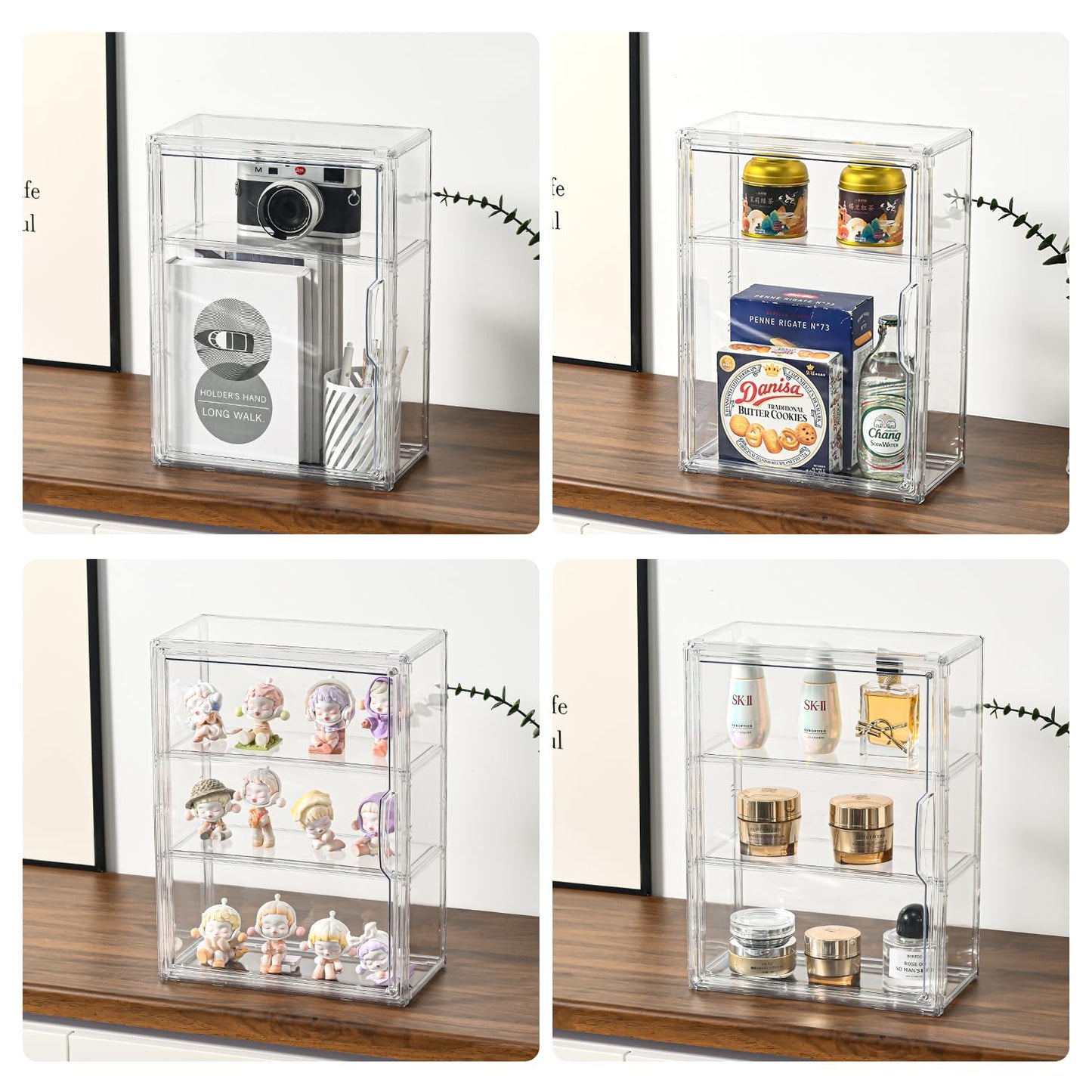 3 Tier Display Case for Collectibles,Clear Display Box with 2 Movable Plates ,Storage Container with Magnetic Door (Large 1 Pack)