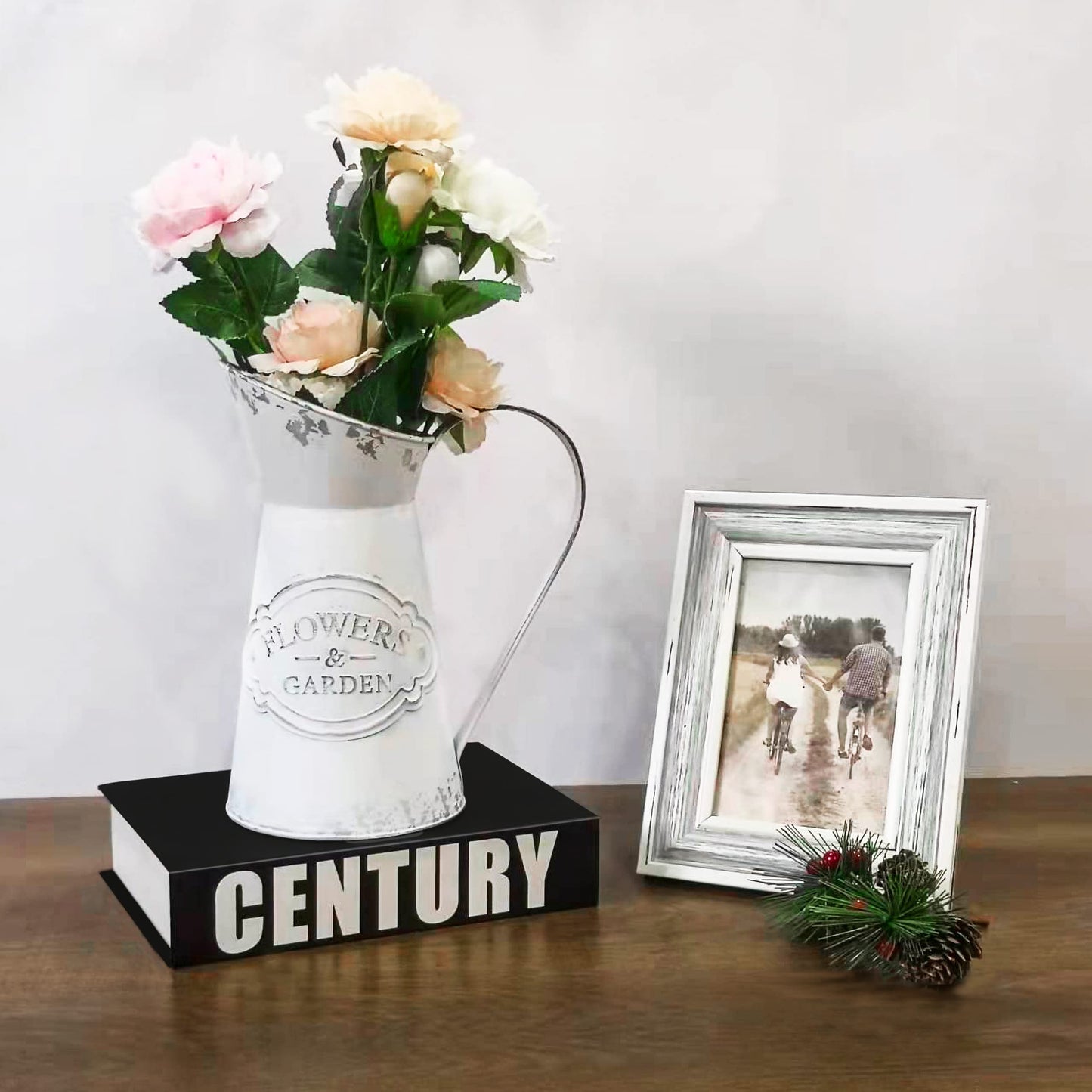 Rustic Vase for Flowers, Small White Metal Shabby Chic Jug, Farmhouse Vase for Home, Kitchen,Living Room - 8.7"(White)