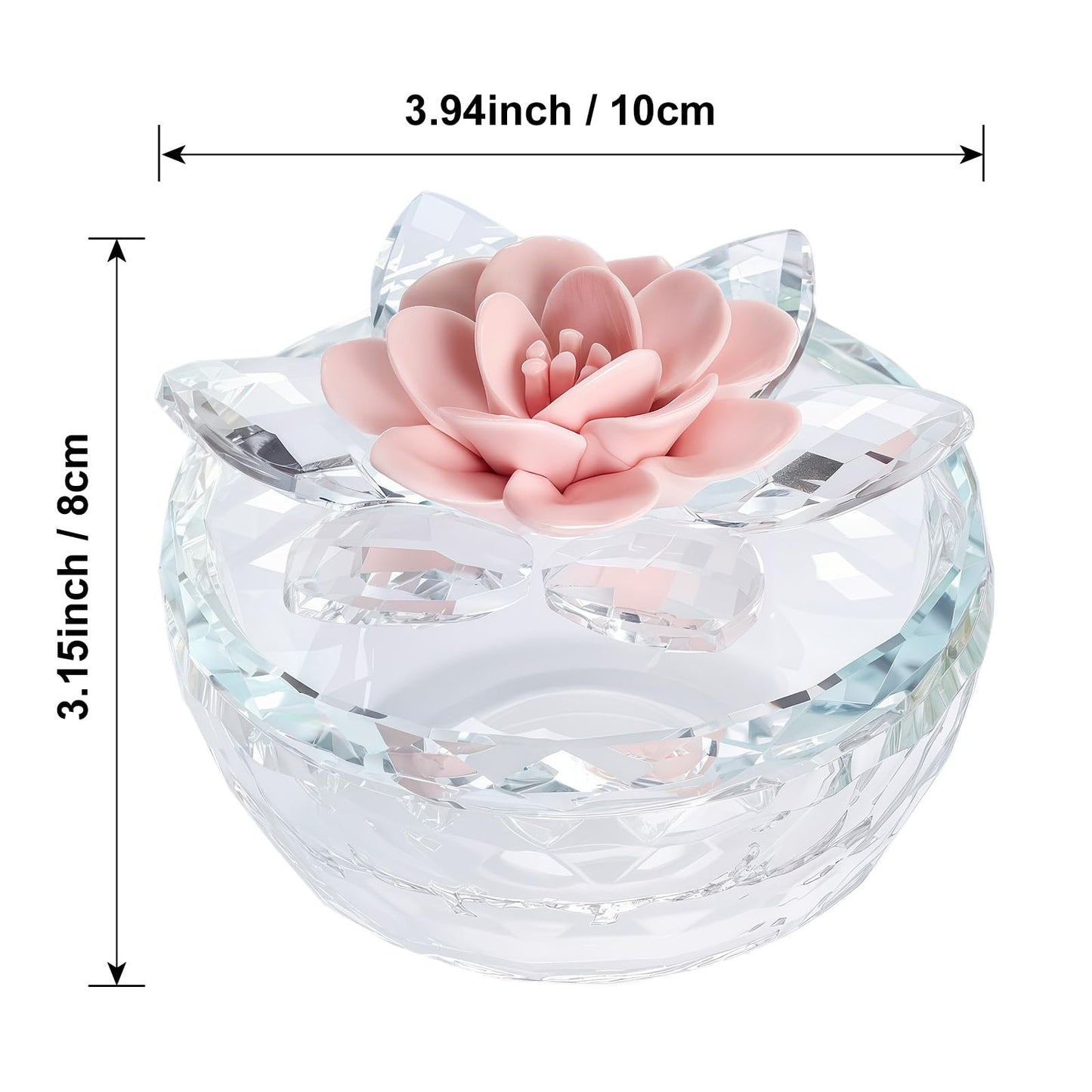 Dounx Crystal Jewelry Box for Women, Small Glass Trinket Jar with Lid, Clear Lotus Flower Storage Holder Elegant Organizer Dish for Ring, Earrings, Necklace, Gift (Pink Flower)