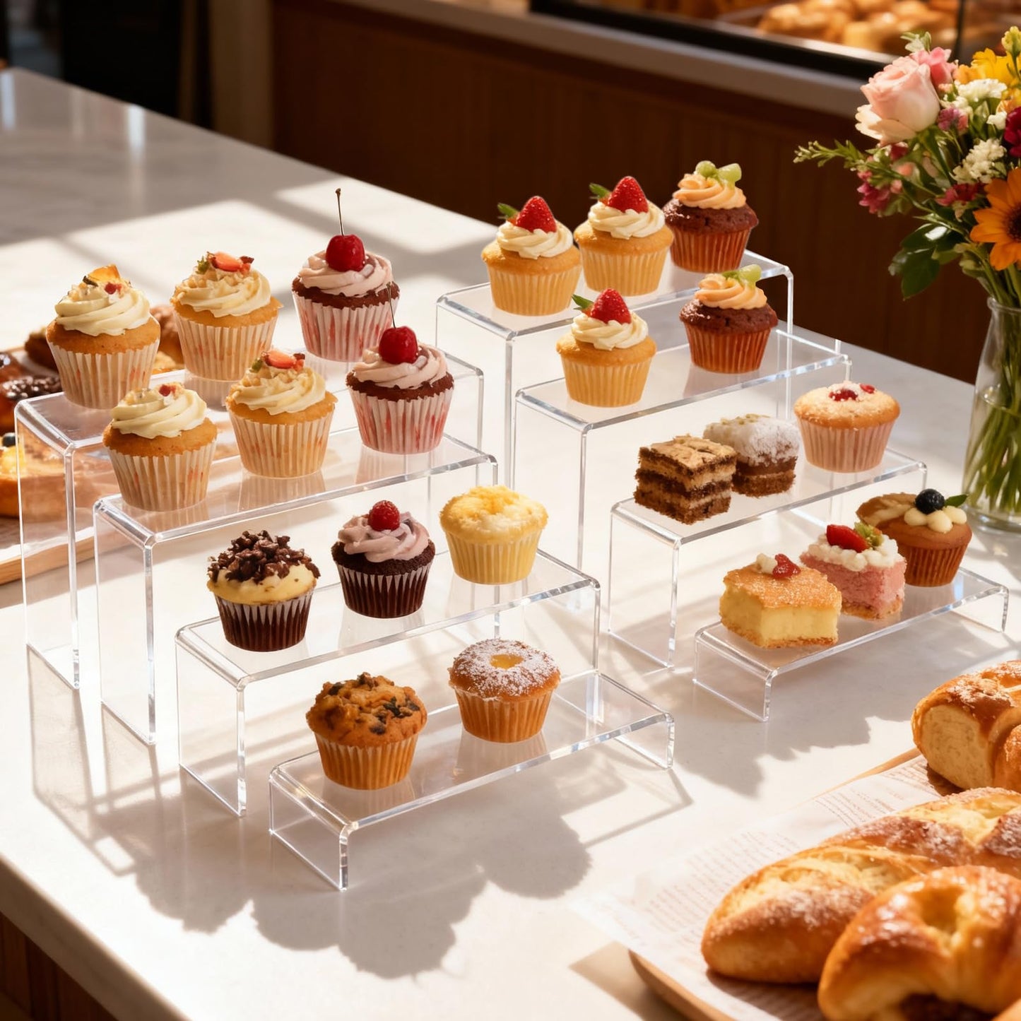 StyEdEk 16 Pcs 4 Set Acrylic Risers 4 Sizes(7" L~9" L) Riser Display Shelf Cupcake Stand Display Cabinet Clear Rectangular Display Stands Set for Figures, Jewelry, Perfume, Dessert Table Display