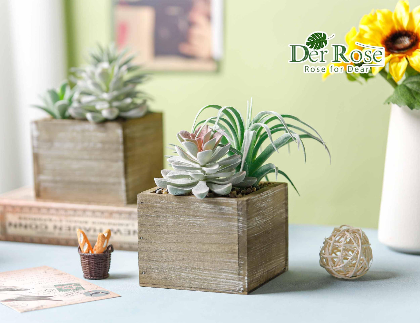 Der Rose Bundle of 2 Pcs Hanging Fake Plants and Set of 2 Fake Succulents Plants for Indoor Outdoor Home Bathroom Boho Wall Decor