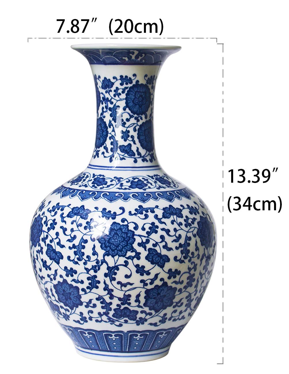 Dahlia Blue and White Vase, Handmade Chinese Porcelain Flower Vase, Lotus Motif, Chinese Bottle Shape 13.5 Inches