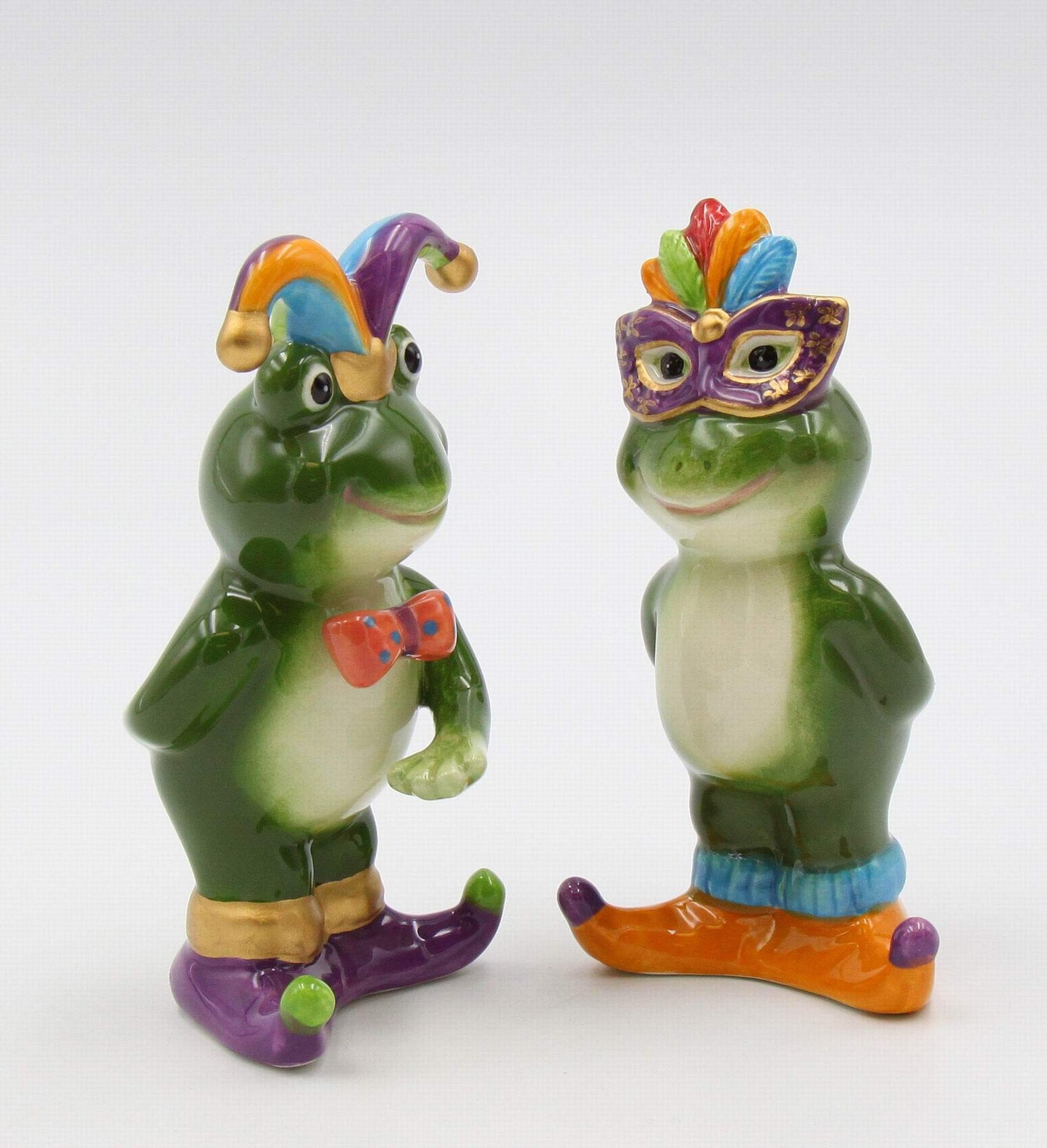 Fine Ceramic Mardi Gras Costume Frogs Couple Salt & Pepper Shakers Set, 4-7/8" H