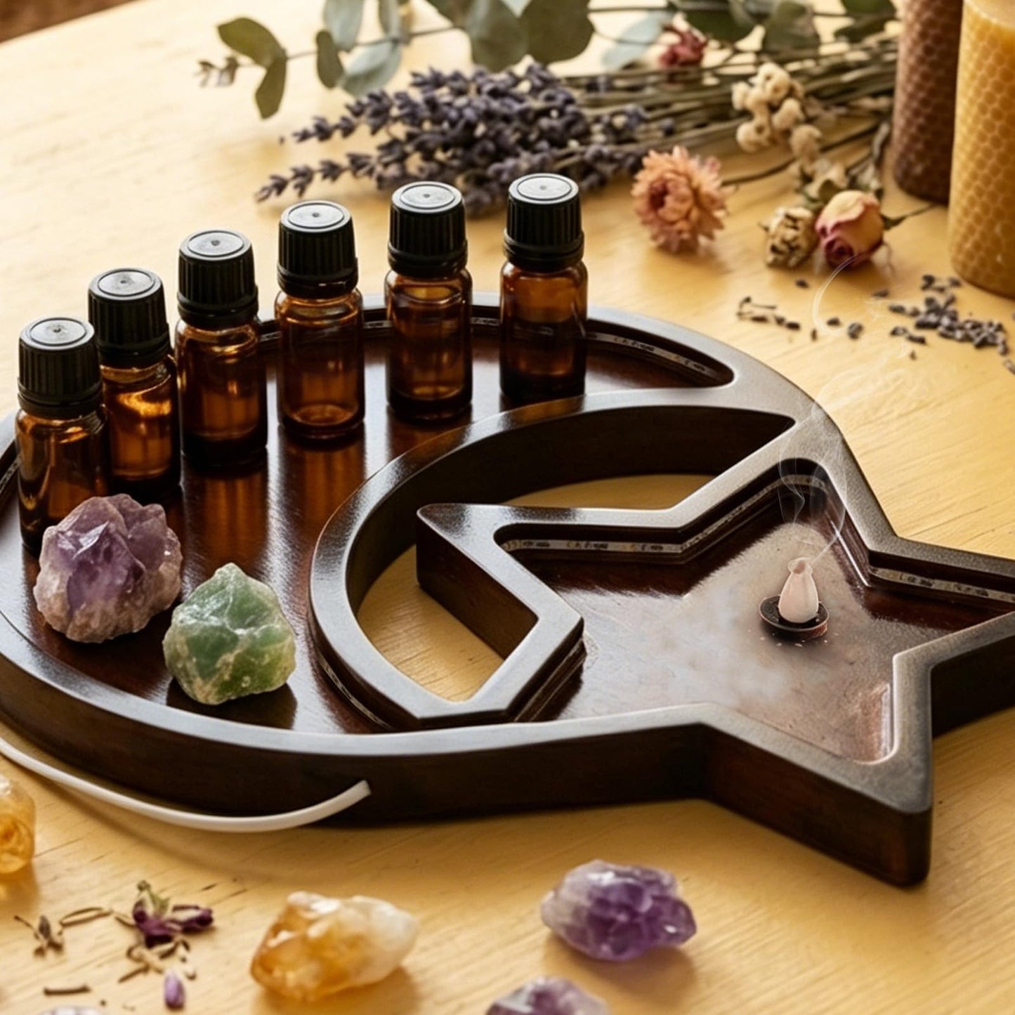 Wooden Crystal Display Holder,Moon and Stars Crystal Rock Holders for Display with LED,Crystal Tray Storage for Healing Stones and Gem - Wiccan Decor and Witchy Gifts (Brown)