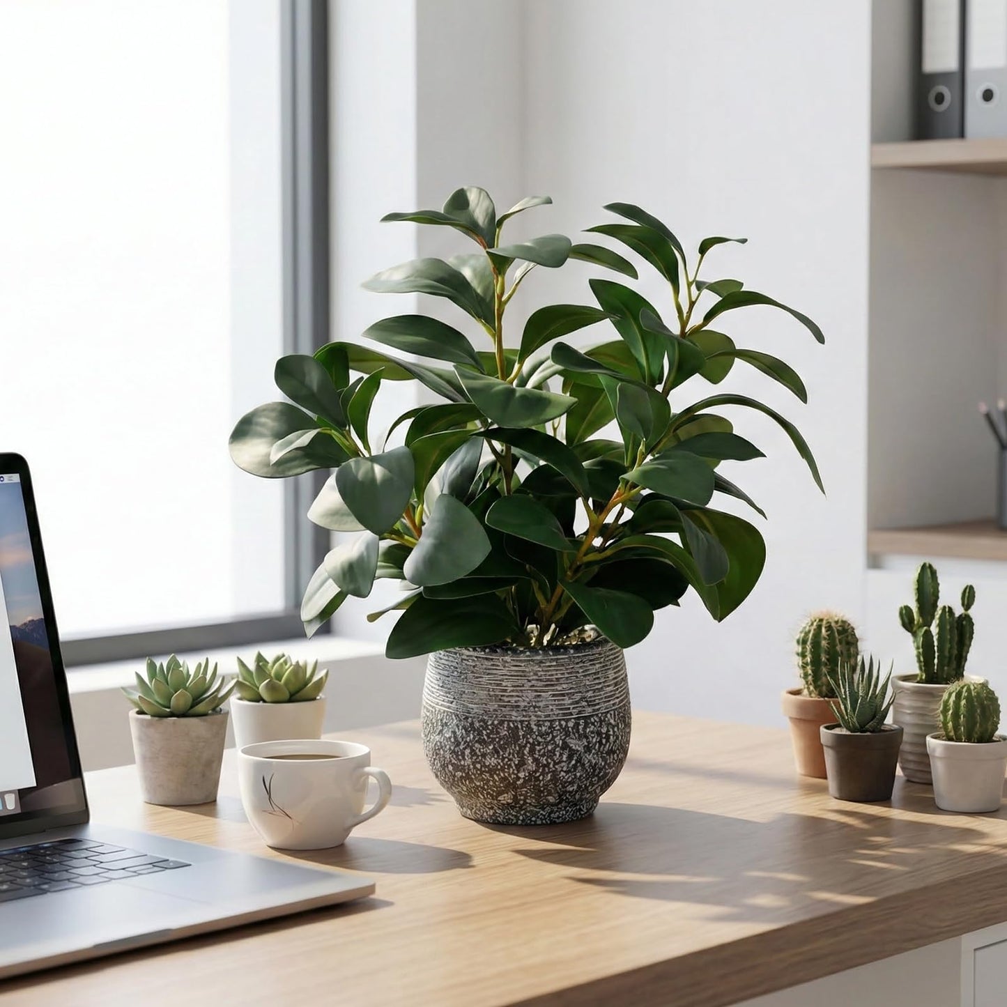 SHOHAYTO Artificial Plants for Home Decor - 13.2 Inch Fake Ficus Tree in Cement Planter, Real Looking Potted Faux Plants for Office Desk, Kitchen Shelf, Bookshelf & Indoor Decor
