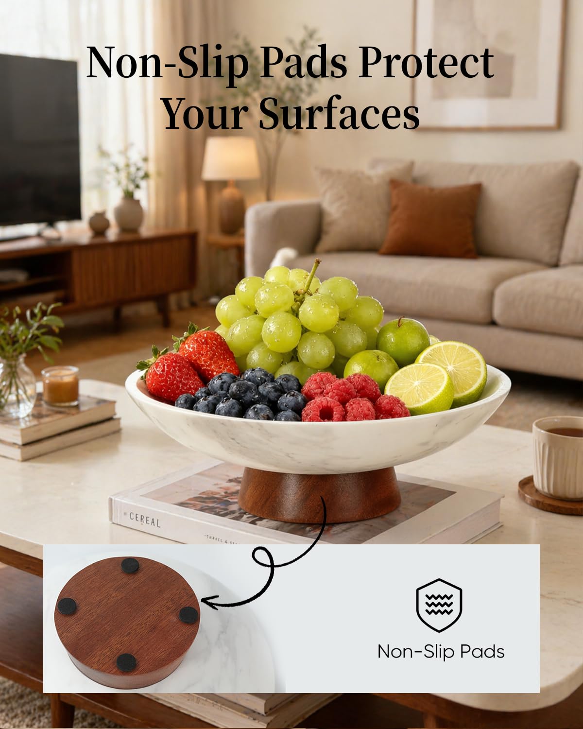 RGBDOT Marble Decorative Bowl, 11” Large Centerpiece for Table, Fruit Bowl for Kitchen Counter, Coffee Table or Entryway Decor, Natural Marble with Wood Base, Housewarming Gift - White
