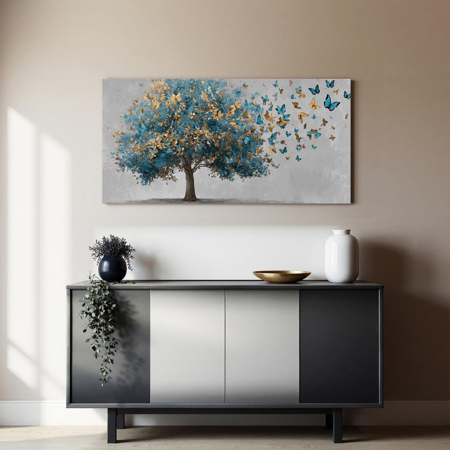 YISXINOAG Canvas Art Wall Decor Modern Wall Art Tree of Life Wall Art Blue Tree Paintings Gold Butterfly Modern Landscape Painting Canvas Artwork Pictures for Bathroom,Dining Room Size 20"X40"