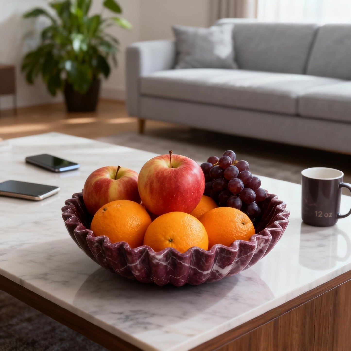 SourcTrek Ruffle Scallop Decorative Bowl,10-inch Large Natural Stone Purplish Red Bowl,Modern Handicraft Fruit Bowl and Key Bowl for Kitchen Counter Entryway (Rosa Levanto)