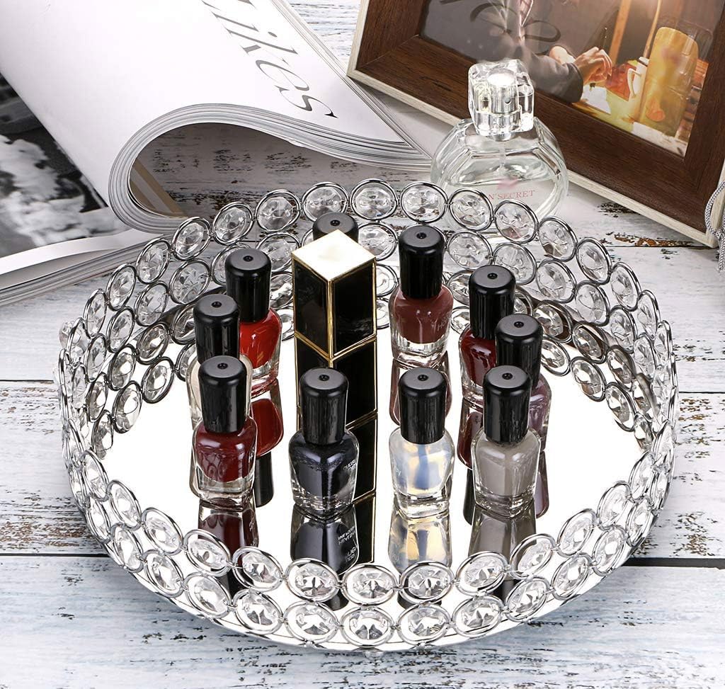 Hipiwe Crystal Make up Tray, Mirror Perfume Tray Bathroom Storage Trays Jewelry Trinket Trays Vanity Cosmetic Organizer Home Decor, Birthday Gift for Women(Round 9.8 Inch)