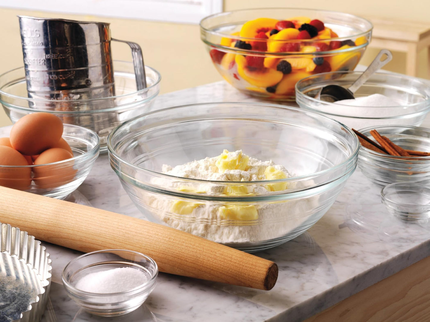 Duralex Gigogne Glass Stackable Mixing Bowls/Prep Bowls Set of 6, Clear. 6⅞ oz. / 4.1"