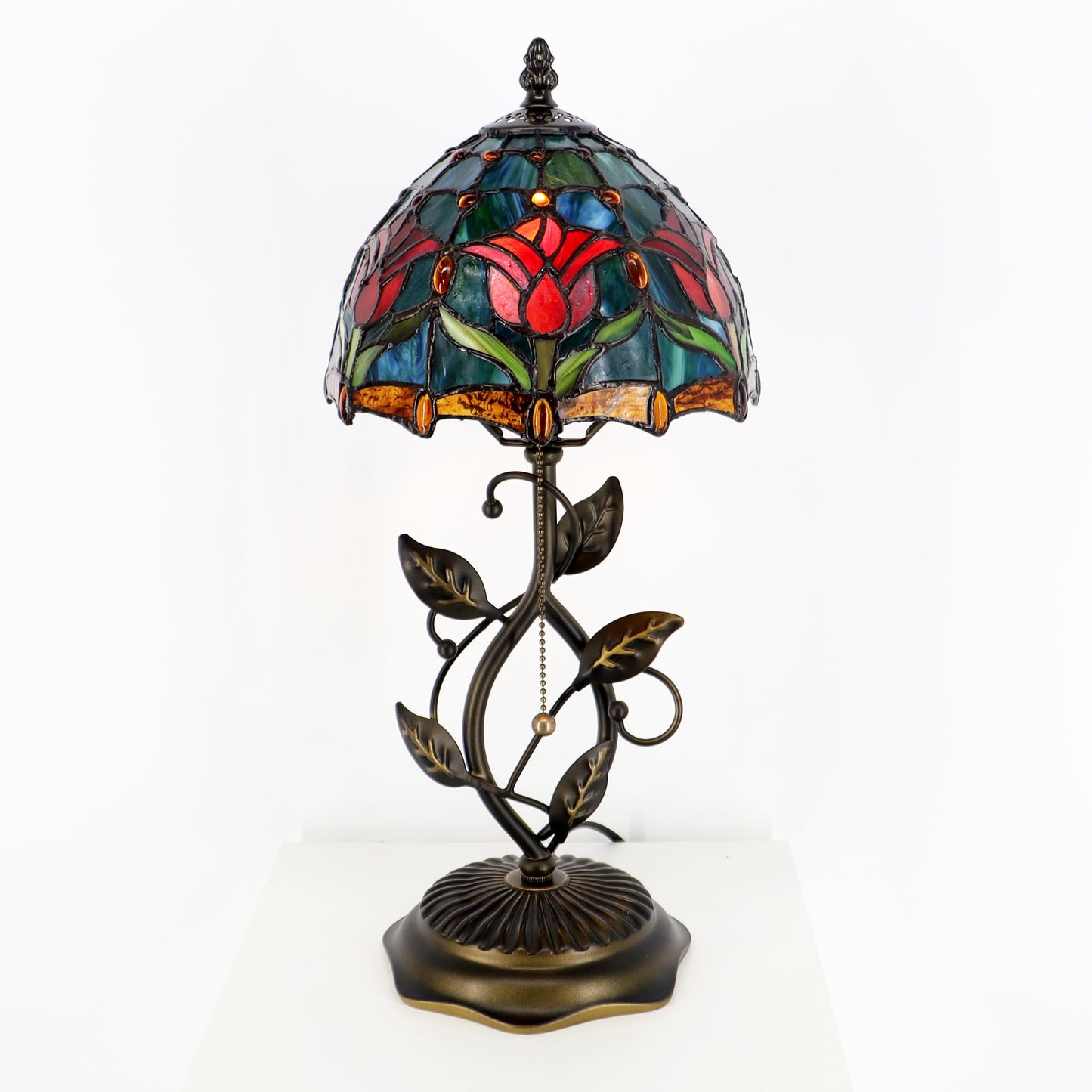 MQYXH Tiffany Style Stained Glass Table Lamp Red Blue Tulip 18 Inch