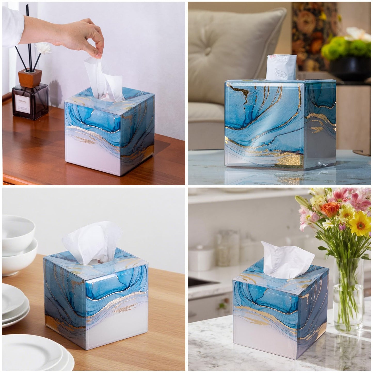 Timetrace Glass Tissue Box Cover Square-Marble Pattern Decorative Tissue Holder with Velvet Lining for Home Decor, Bedroom, Kitchen, Office (Blue & Gold)