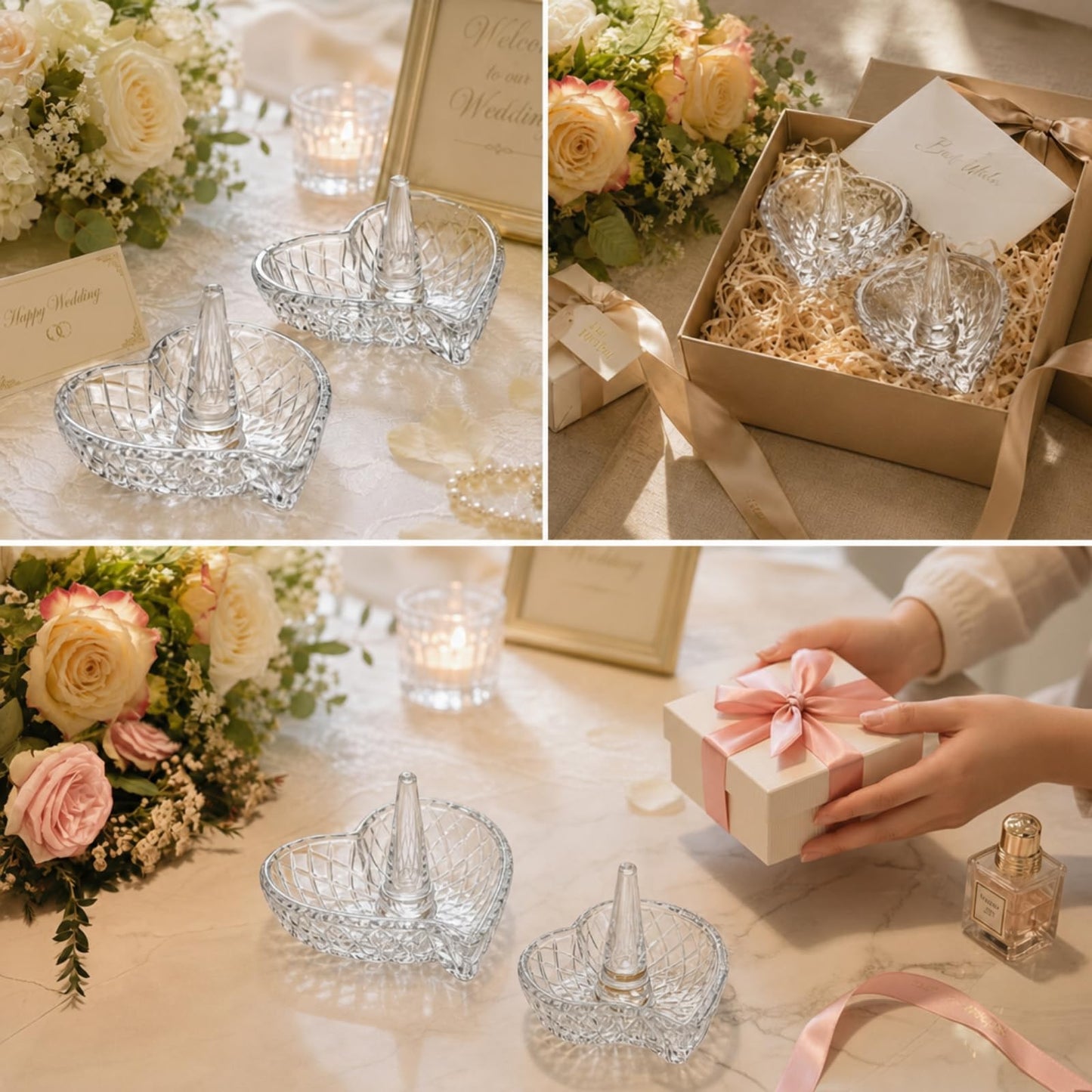 Yiyiring 2 Pack Heart Shaped Ring Holder Dish for Women, Crystal Glass Jewelry Tray for Wedding, Engagement, Bathroom Sink, Nightstand, Gift for Mom Wife Girlfriend