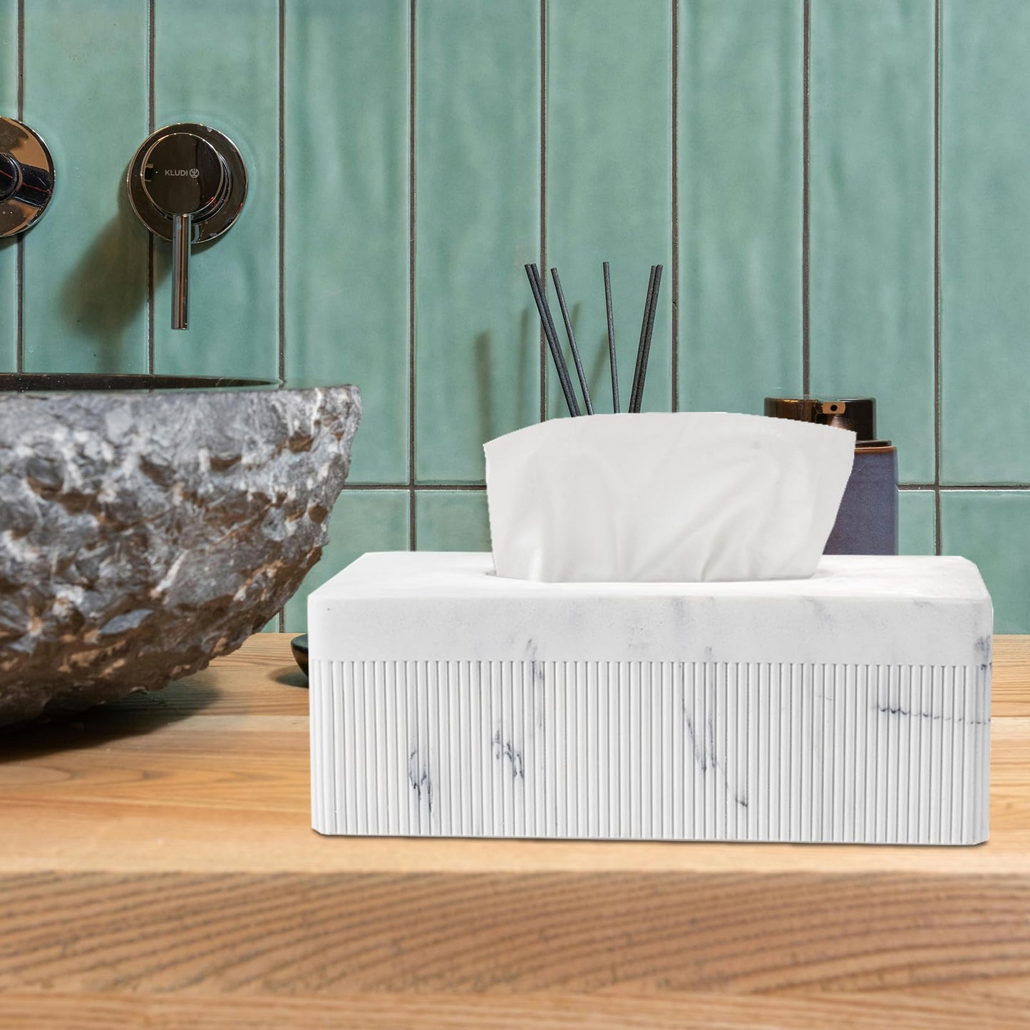 Marble Tissue Box Cover, Rectangular Napkin Facial Tissues Holder for Home Office, Hand Poured Marble Tissue Box Holder, 10 x 5.7 x 3.7 inches, White