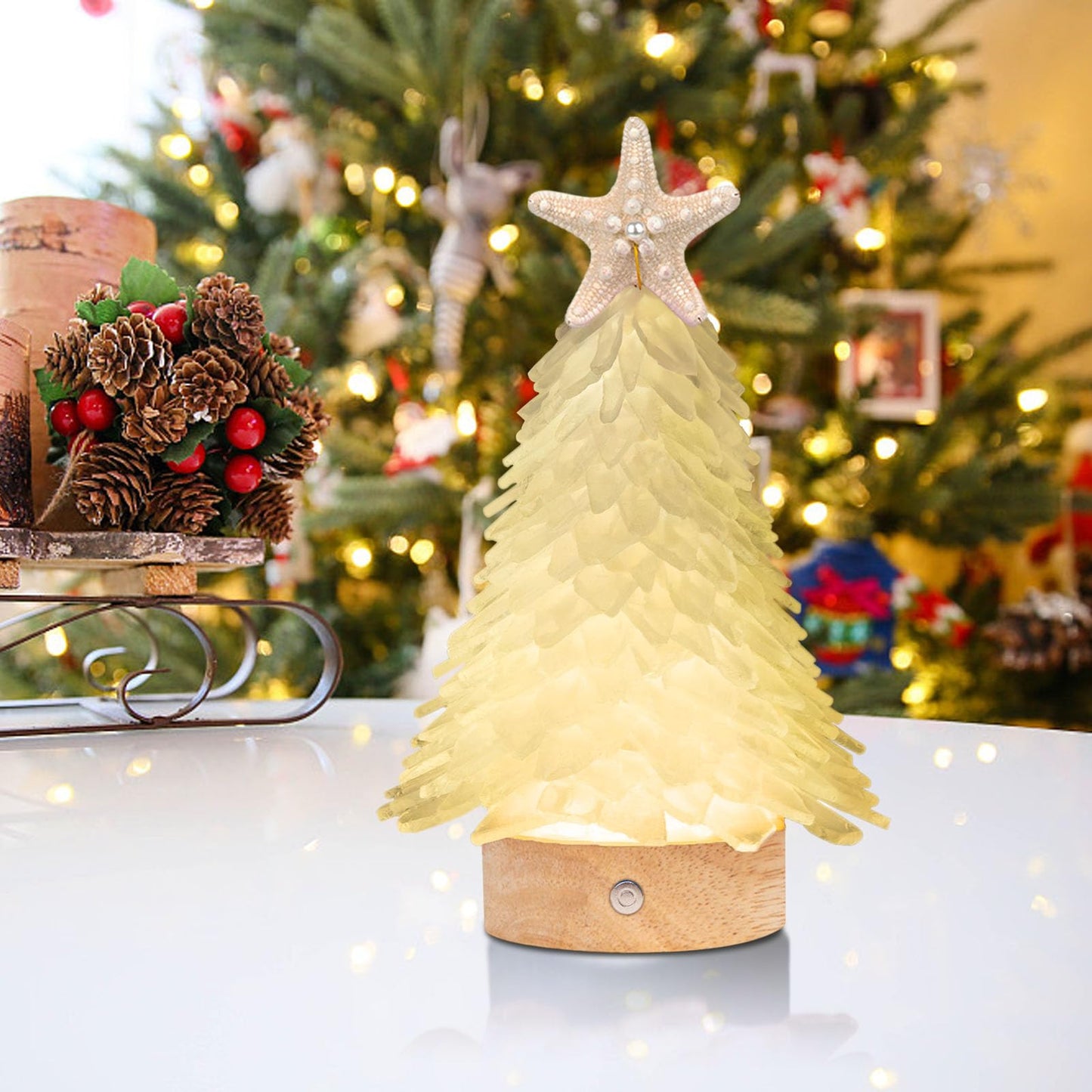 Sea Glass Christmas Tree, 8.5 Inches Mini Tree With Lights - Beach Nautical Themed Seaglass for Table Top, Indoor Decorations, White