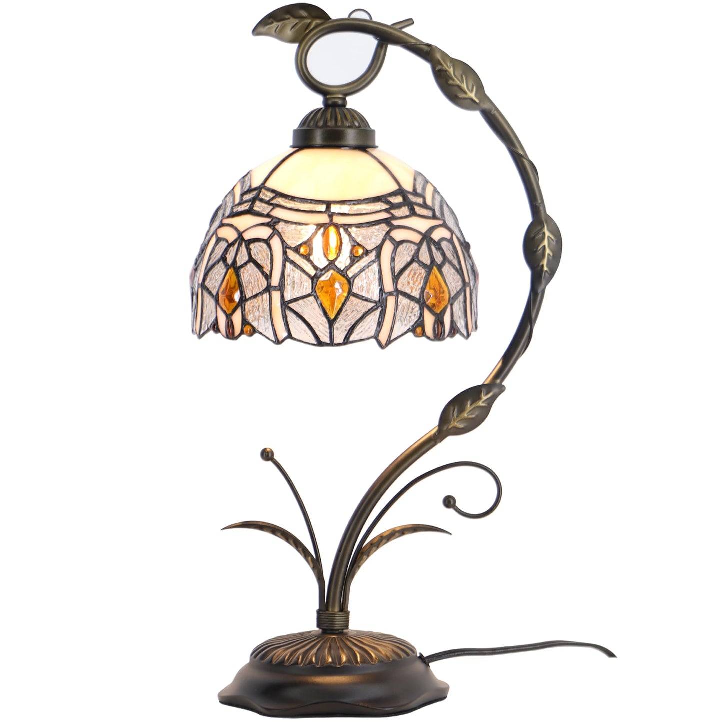 HZYFFYU Tiffany Lamp Stained Glass Table Lamp Metal Leaf Base 8X10X19 Inch Reading Desk Light (Crystal Style)