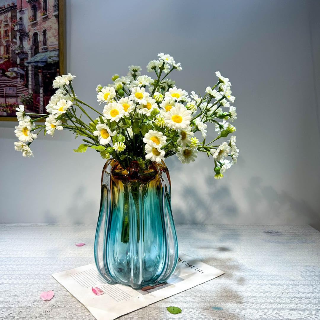 WONDER DECORS Hand Blown Glass Vase, Amber and Teal Gradient, Wide Mouth, Modern Art Deco, Home, Office, Living Room and Wedding Decor