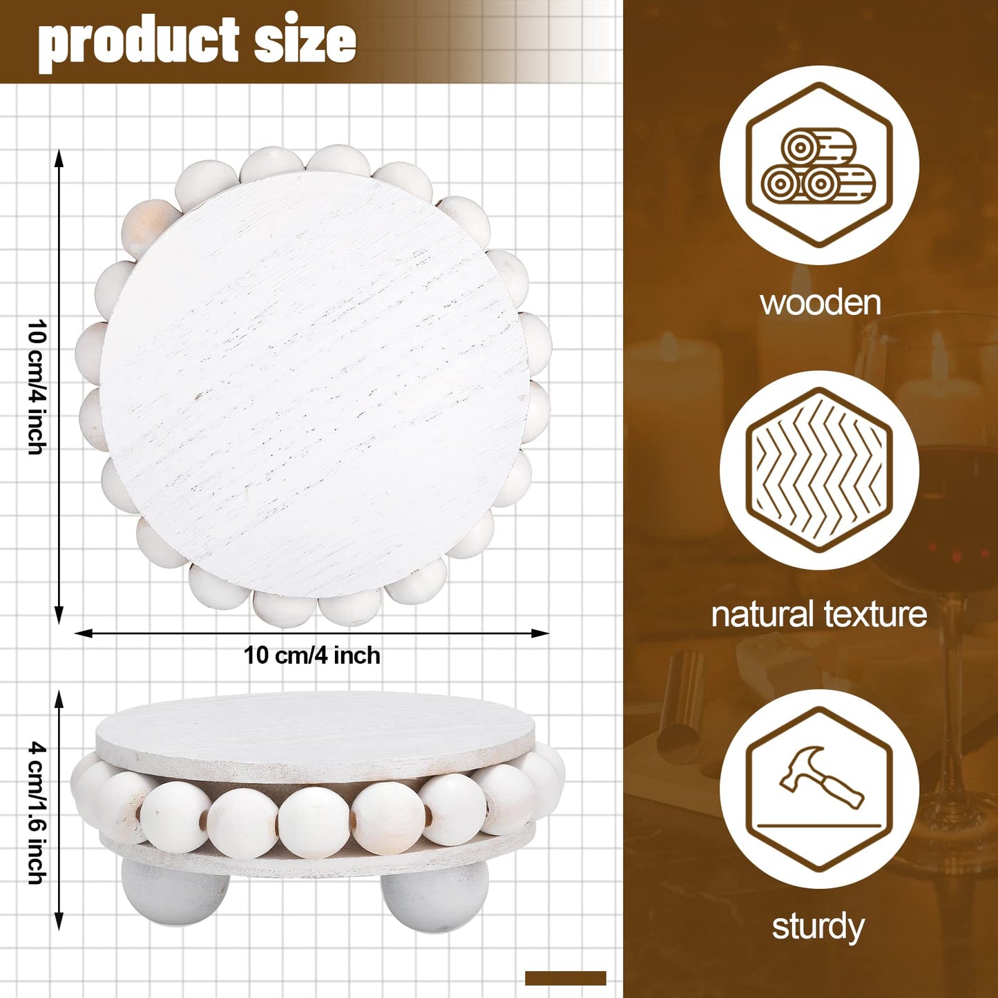Yookeer 2 Pcs Wooden Risers for Displays Round Wood Riser Distressed Wood Risers Farmhouse Pedestal Display Stand Rustic Pedestal Stand Beaded Decor for Tiered Trays Home(3.94 Inch,White)
