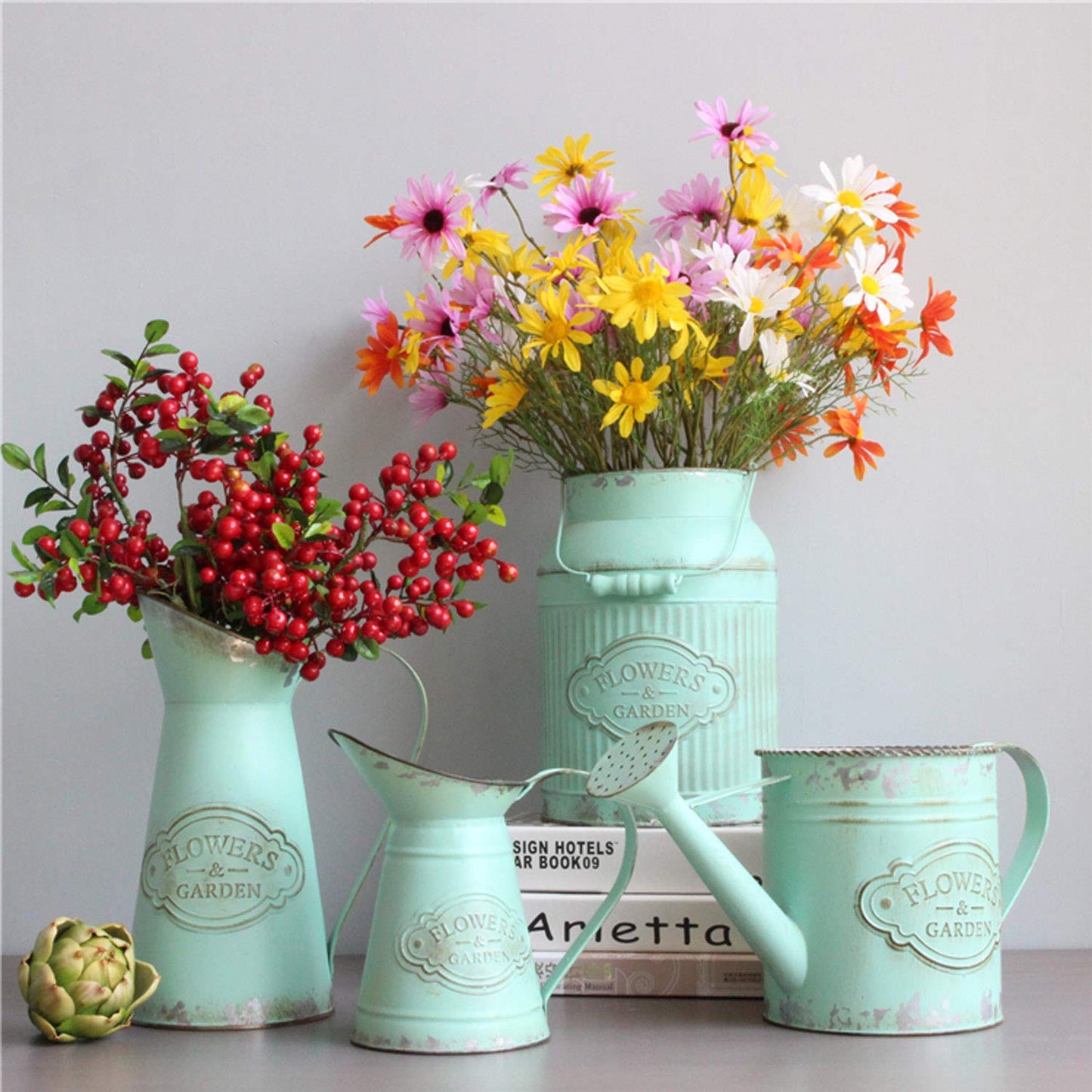 JSY-UP Green Galvanized Metal Farmhouse Flower Vases - Rustic Decorative French Flower Bucket Pots for Wedding Table Centerpiece Decorations, Home Decor