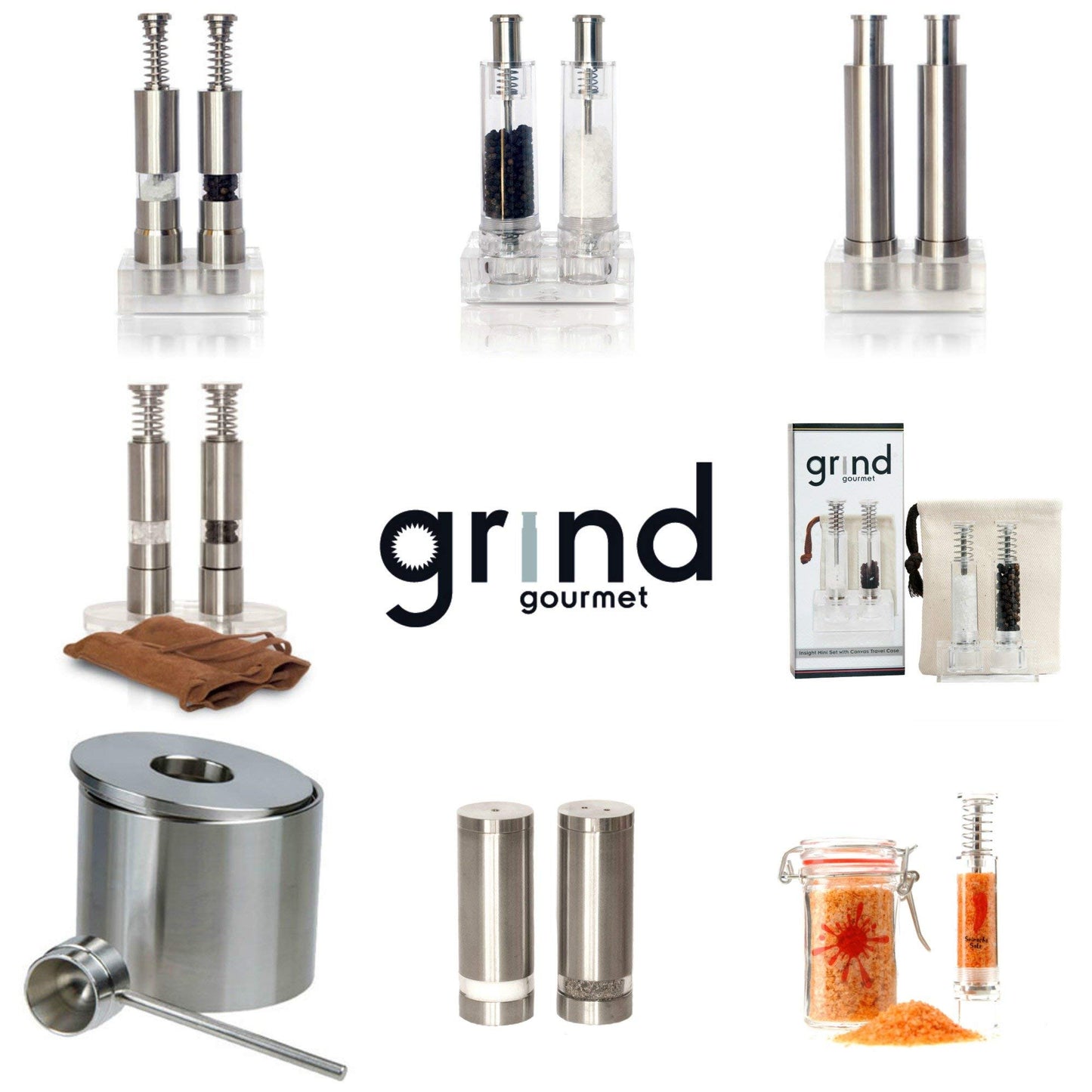 Grind Gourmet Salt and Pepper Grinder Set, Refillable, Pump & Grind, Thumb Press (Reflex Black Set)