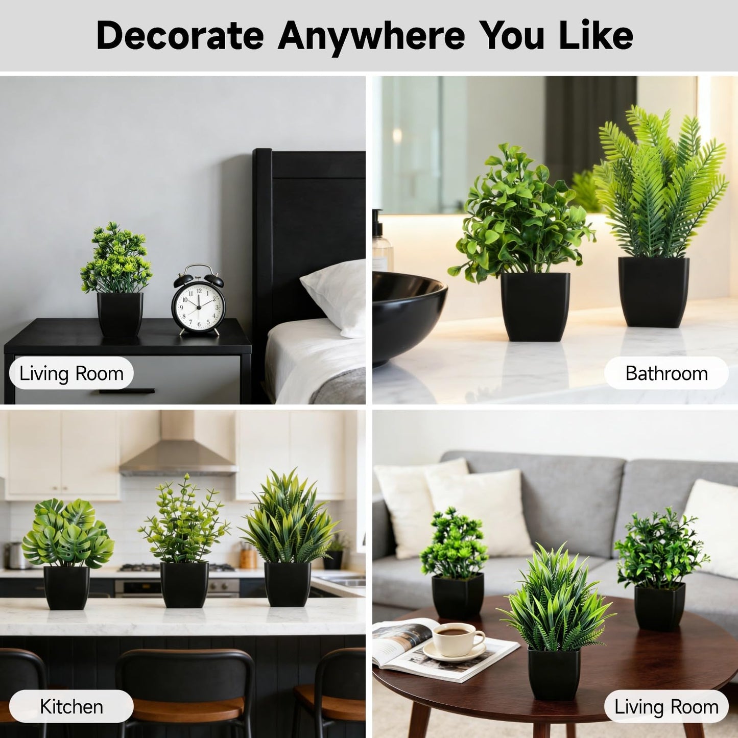 12 Pack Fake Plants in Black Pots, Mini Artificial Eucalyptus Potted Plants, Small Realistic Faux Greenery Fern Plants for Living Room, Bathroom, Office Table Decor