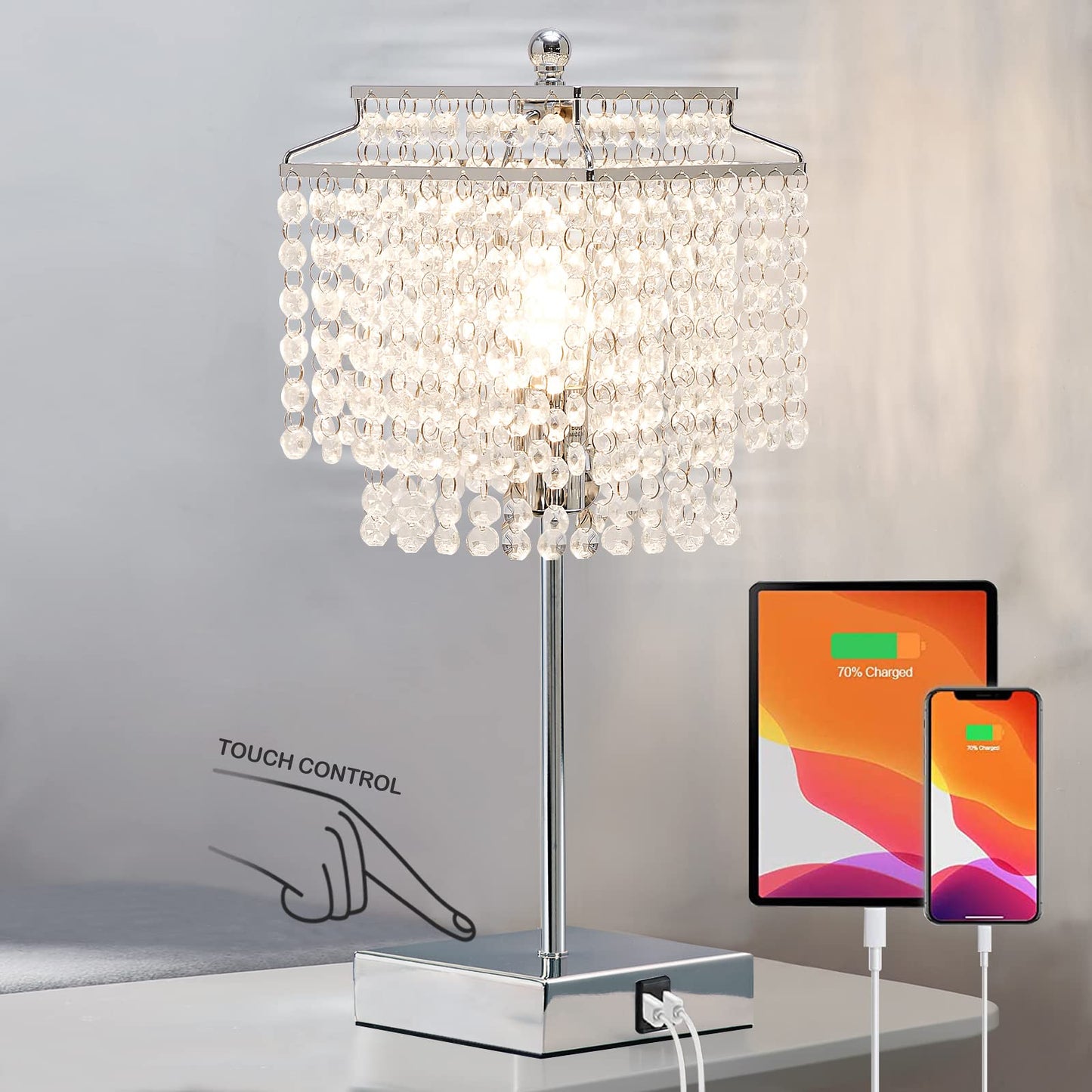 Touch Crystal Table Lamp Silver, Bedside Lamp with USB C+A Ports, Dimmable Nightstand Lamp with Crystal Shade, Bedroom Lamp for Girls Bedroom, Living Room, Bulb Included