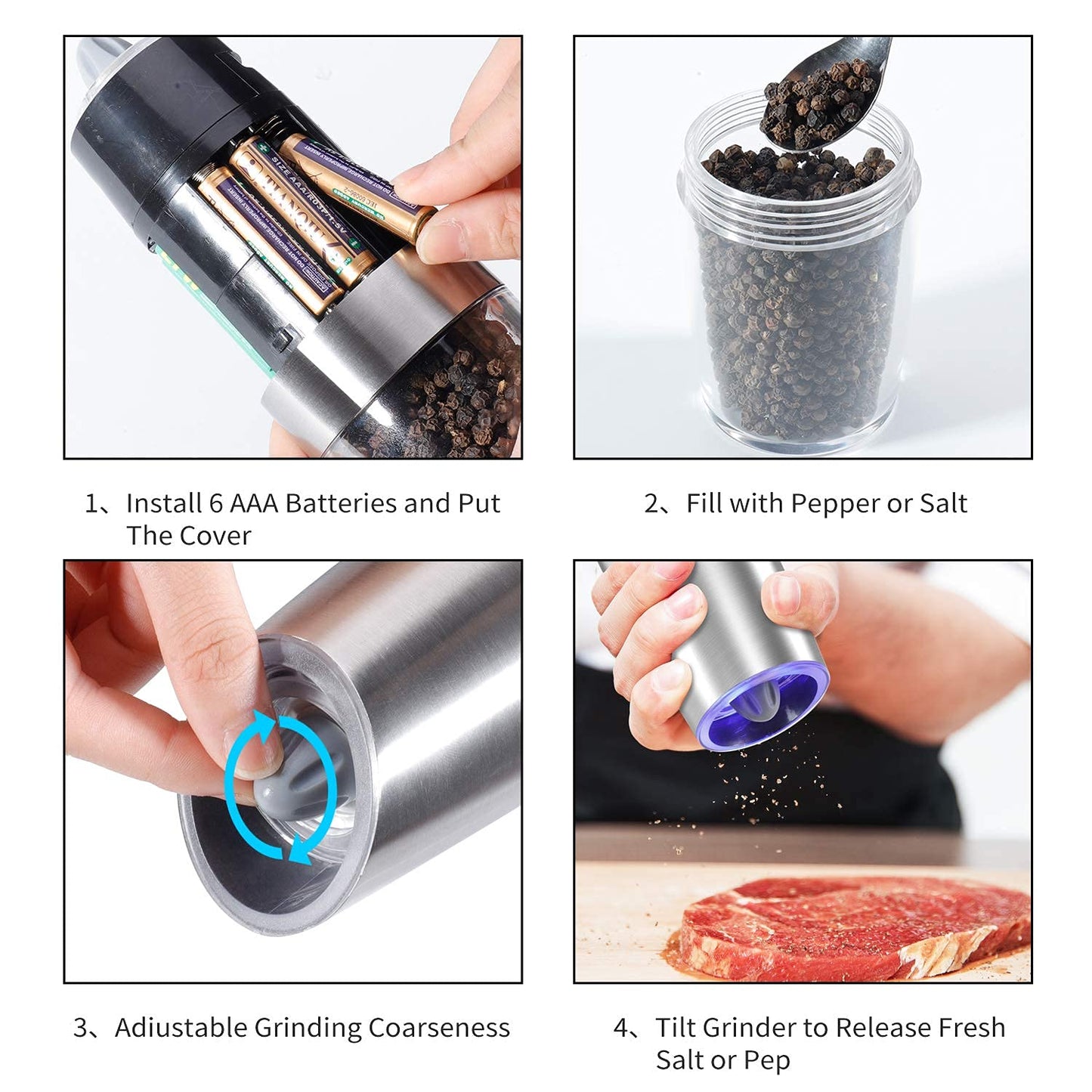 Gravity Electric Pepper and Salt Grinder Set, Adjustable Coarseness, Automatic Shakers Mill Grinder with LED Light, Battery Powered, Upgraded Larger Capacity, One Hand Operated (Sliver 2 Pack)
