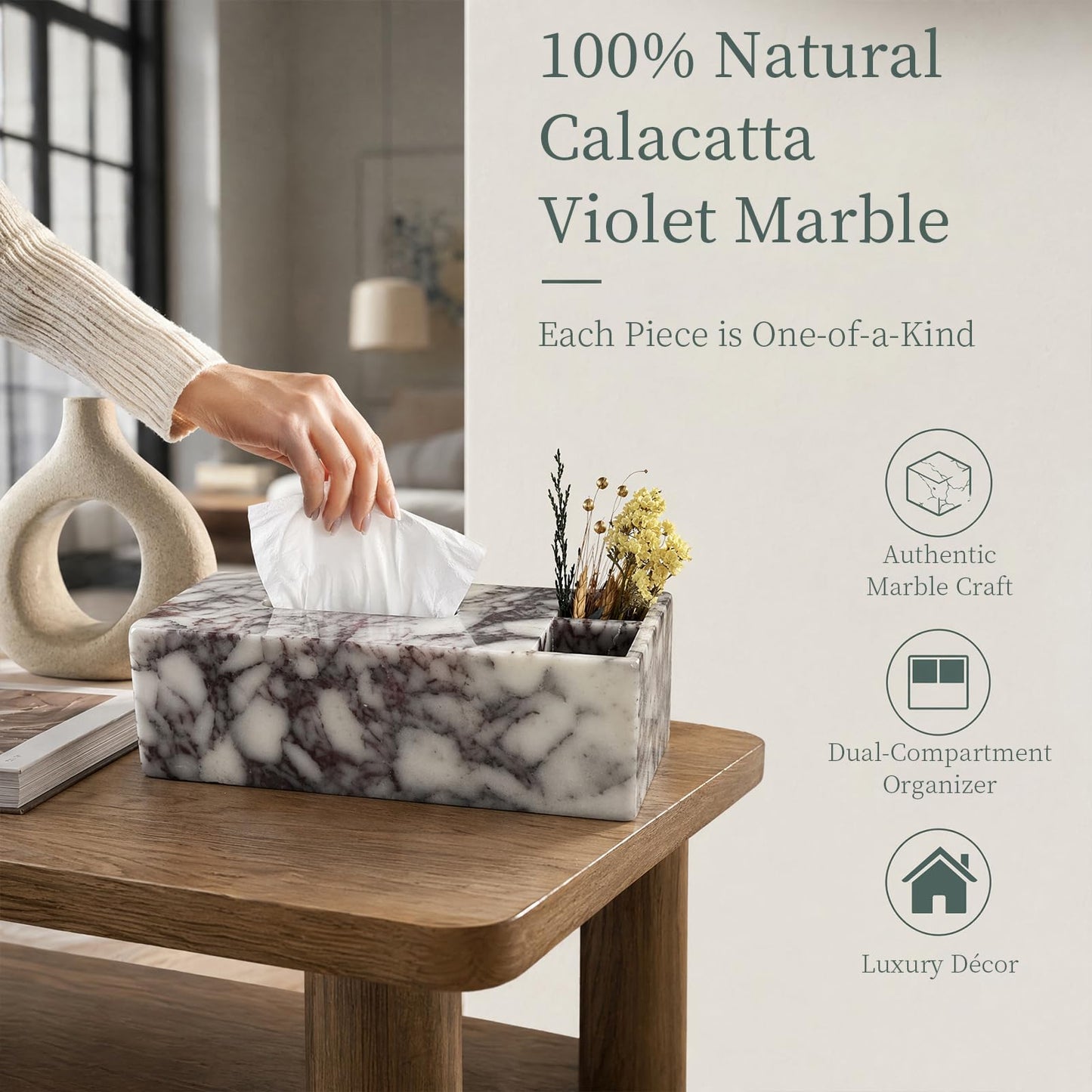 Luxury Natural Calacatta Viola Marble Tissue Box with Storage Compartments