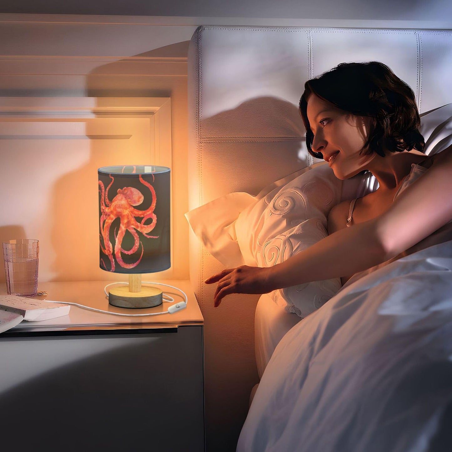 YYZZH Watercolor Red Pink Octopus with Tentacle Marine Animal Sea Life Table Lamp with Wood Base Fabric Lamp Shade Bedside Nightstand Desk Lamp for Living Room Bedroom Kids Room Office