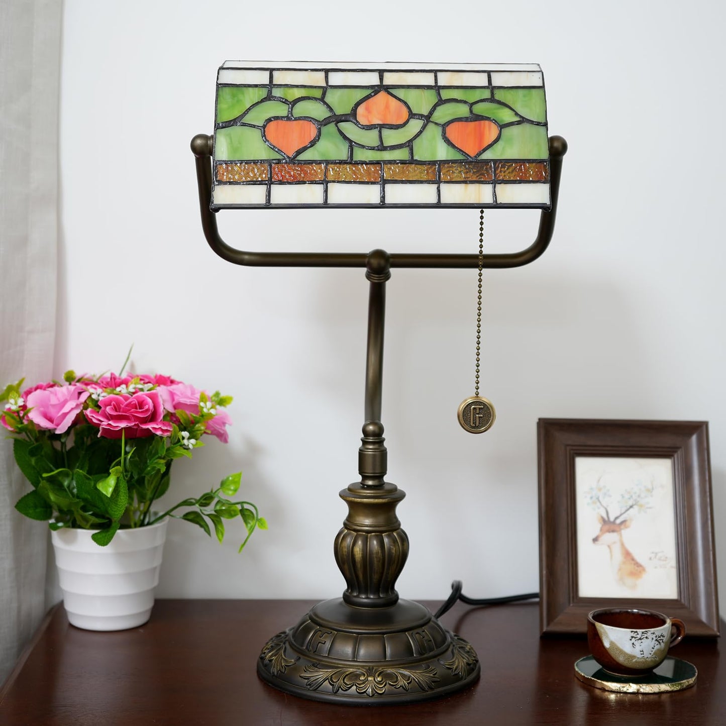Blivuself Tiffany Style Heart Bankers Table Lamp Stained Glass Vintage Bedroom Bedside Study Pull Chain Reading Desk Lamps Office Nightstand Aesthetic Antique Green Banker'S Lamp Work Light Desklamp