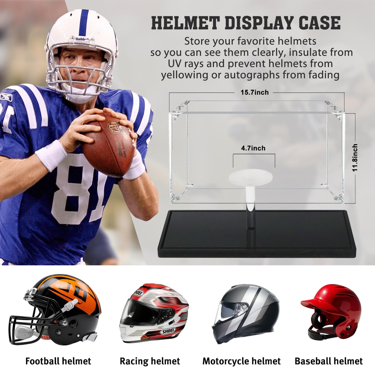Football Helmet Display Case, Clear Acyrlc Helmet Case Display Case Full Size, UV Protection Case for Football Baseball Motorcycle Helmet, Sports Memorabilia Showcase
