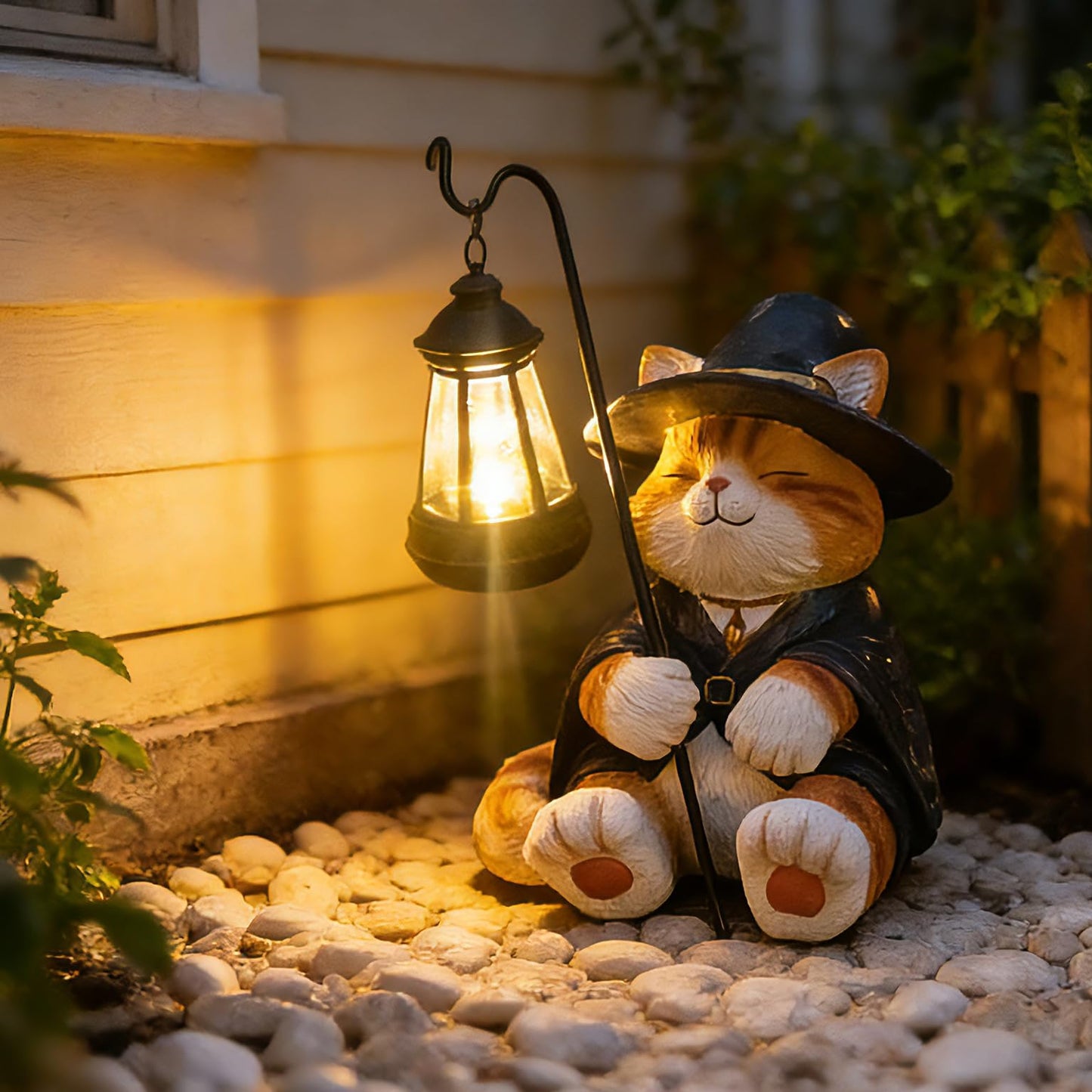 YOQUATE Decorative Solar Lights Garden Cat Statue Outdoor Figurine Light Themed Wizard Cat Lantern for Garden Decoration Outdoor Decor