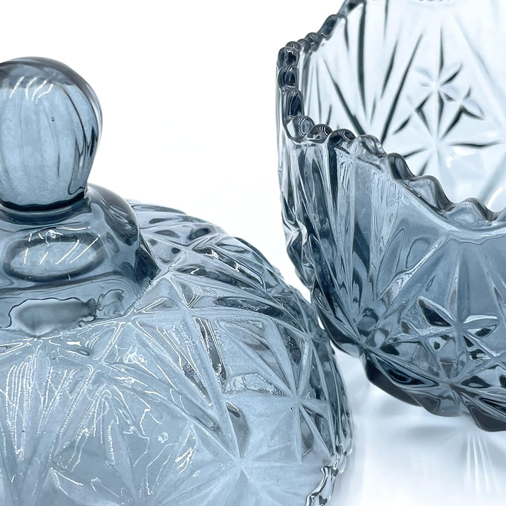EWEIGEER Colorful Crystal Glass Candy Snack Jar Candy Dish With Lids Jewelry Jar Blue Room Bedroom Decor(Blue Grey)