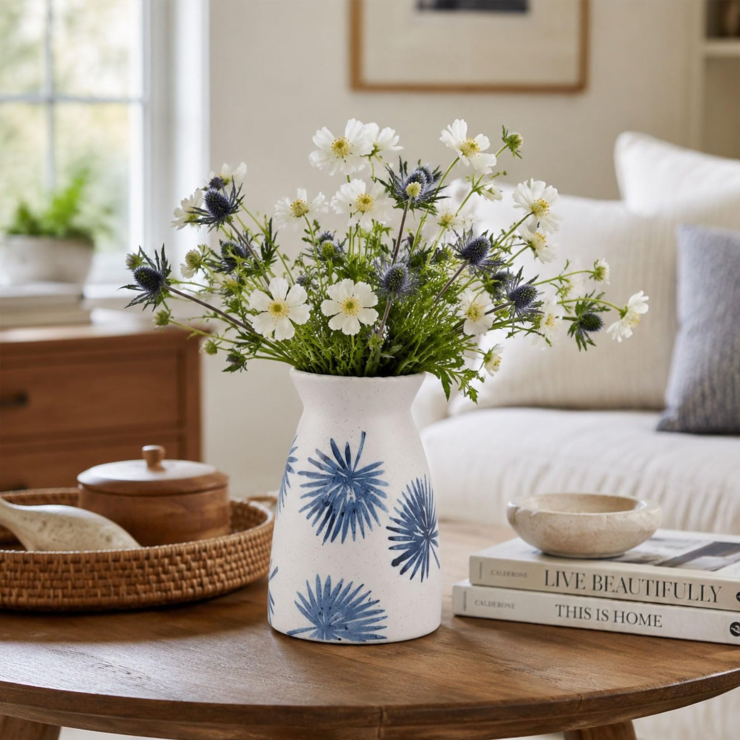 hjn Teal Ceramic Vase Modern Minimalist Table Centerpiece, Round Smooth Flower Holder for Living Room, Shelf, Mantel, Wedding & Home Decor -Cream-7" H