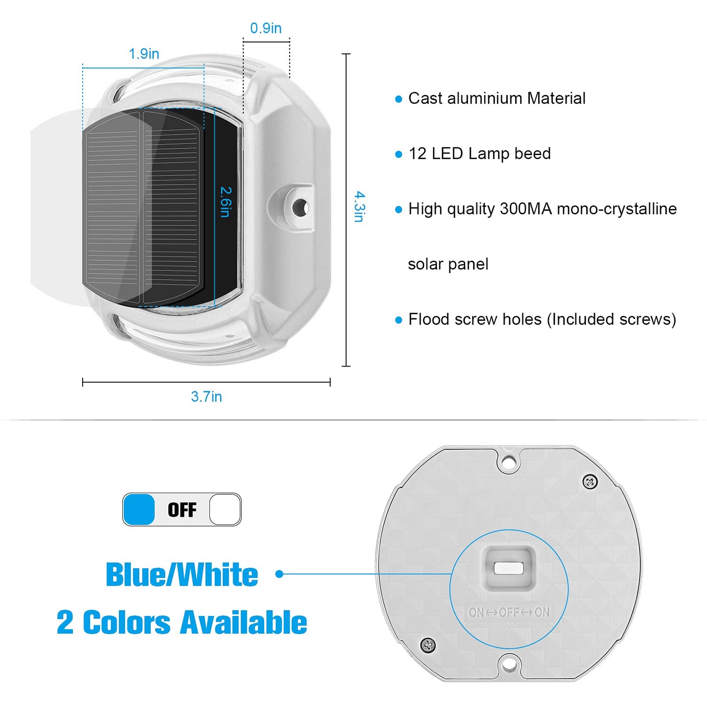 VOLISUN Solar Driveway Lights Dock Deck Lights 16 Pack,2 Colors in 1, LED Solar Powered Waterproof Outdoor Warning Step Light for Driveway Sidewalk Pathway (White/Blue),Auto On/Off