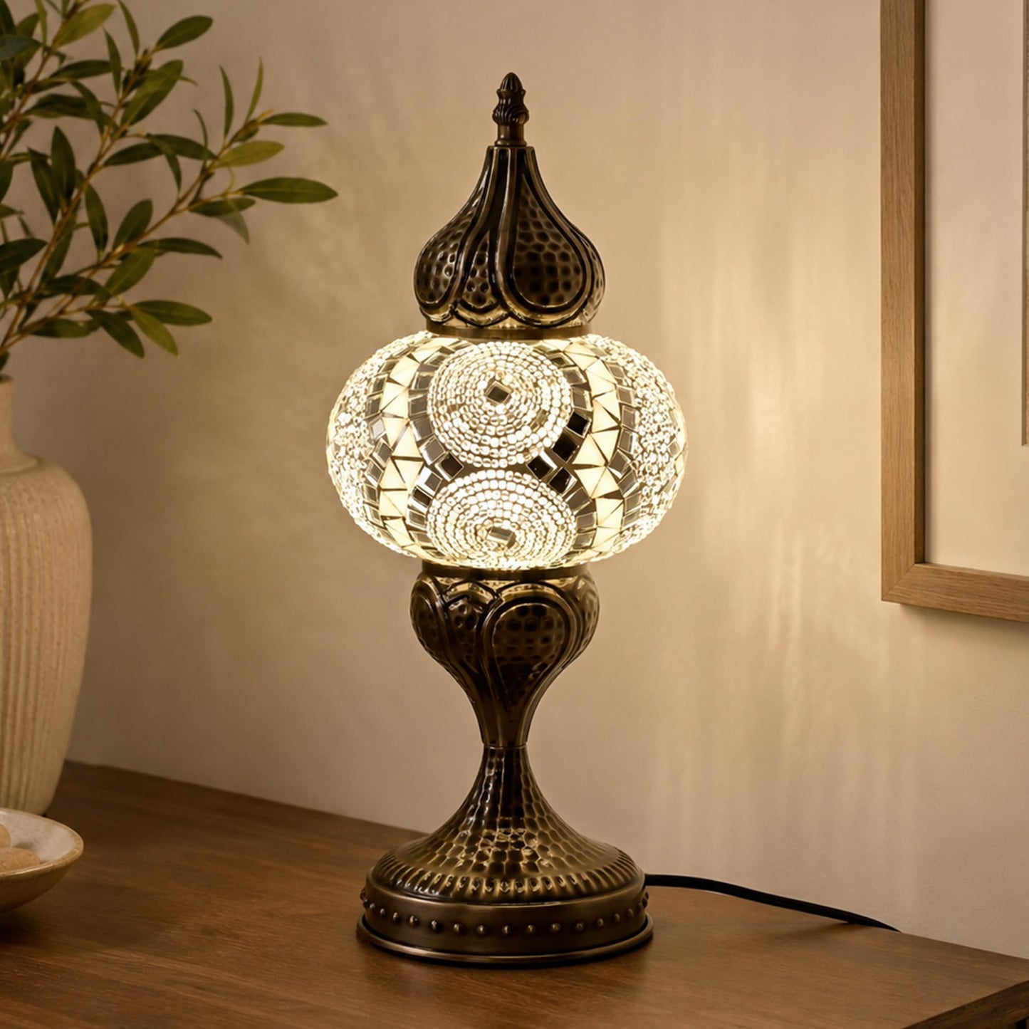 GOGERS Decorative Mosaic Bedside Lamp, Turkish Moroccan Style Table Lamp with White Silver Glass Shade, E12 LED Bulb Included, Warm Ambient Lamp for Nightstand, Bedroom, Living Room (White)