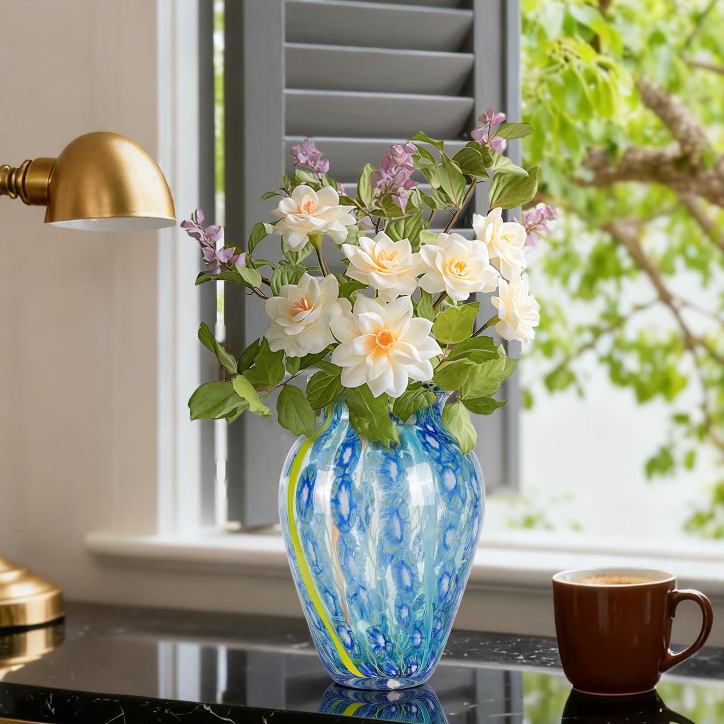 Glass Vases for Flower, Unique Hand Blown Blue Glass Vase, Modern Art Decorative for Home Living Room, Office, Table centerpieces, Bookshelves and Wedding Decorations (JG30)