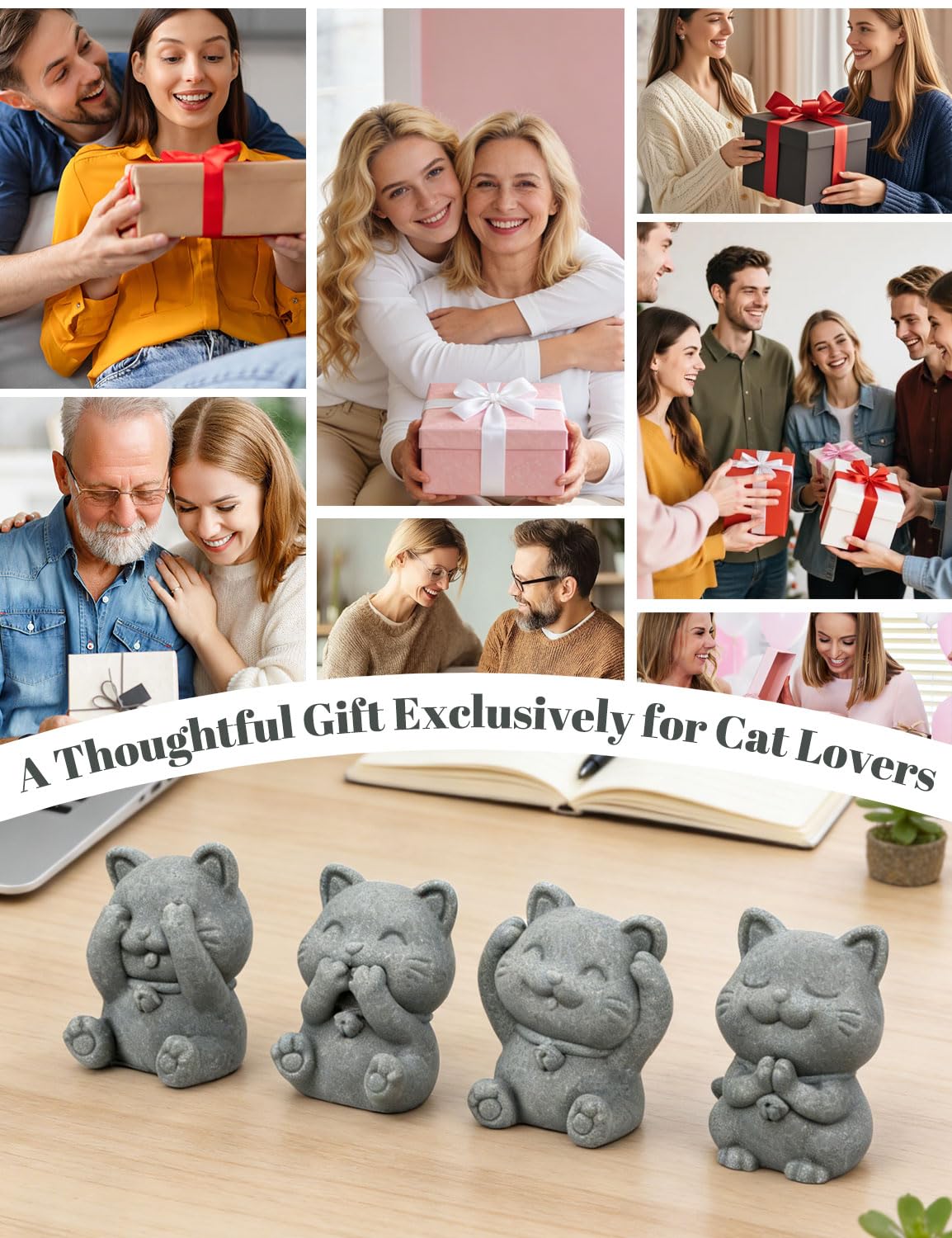 BEIZHAN 4 Piece Cute Cat Figurine Set, Sandstone See no Evil,Hear no Evil,Speak no Evil,Do no Evil Statues, Zen Desk/Garden Decor, Adorable Kitty Accents for Home Office