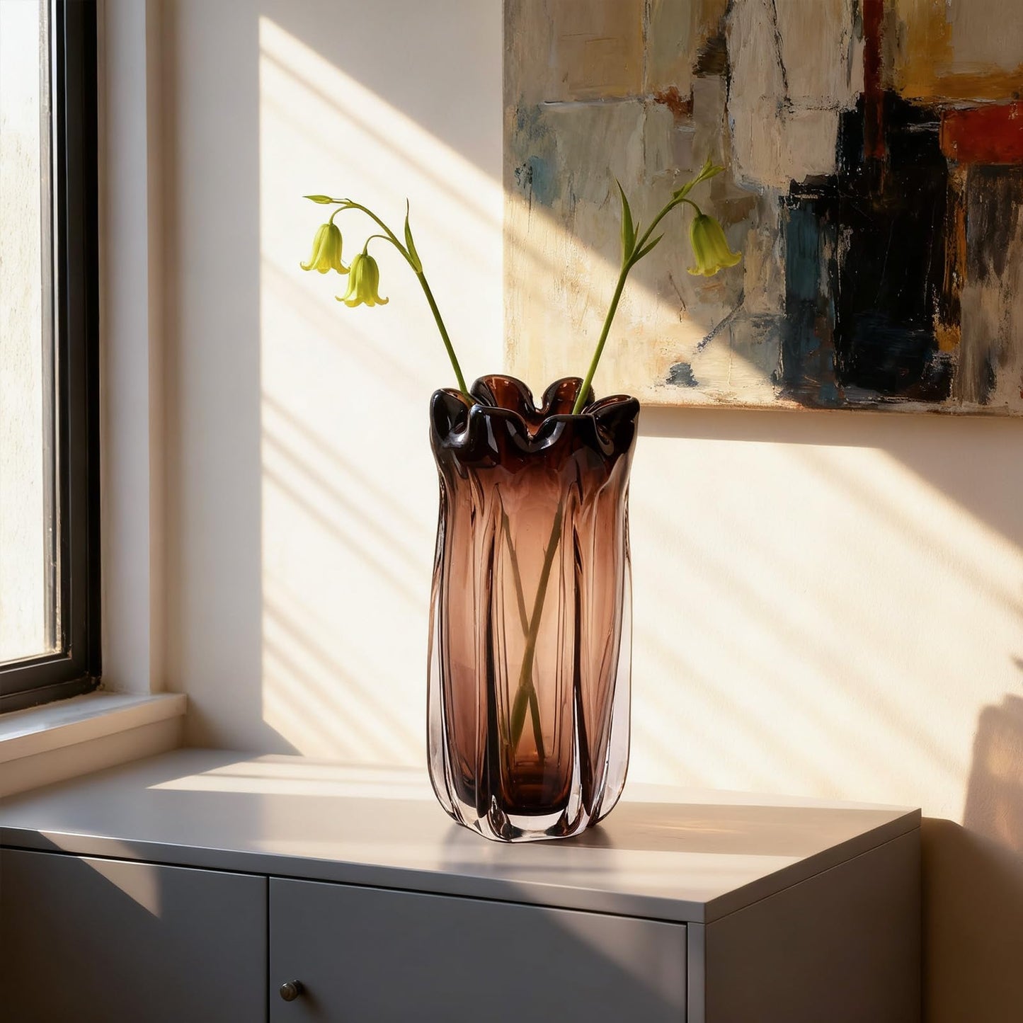 oliruim Blown Purple Brown Glass Vase, 11.7 Inch- Art Wide Mouth Glass Vase for Living Room Centerpiece Decor, Coffee Table, Fireplace Mantel, Floral Arrangement & Home Accents (Purple Brown, L)