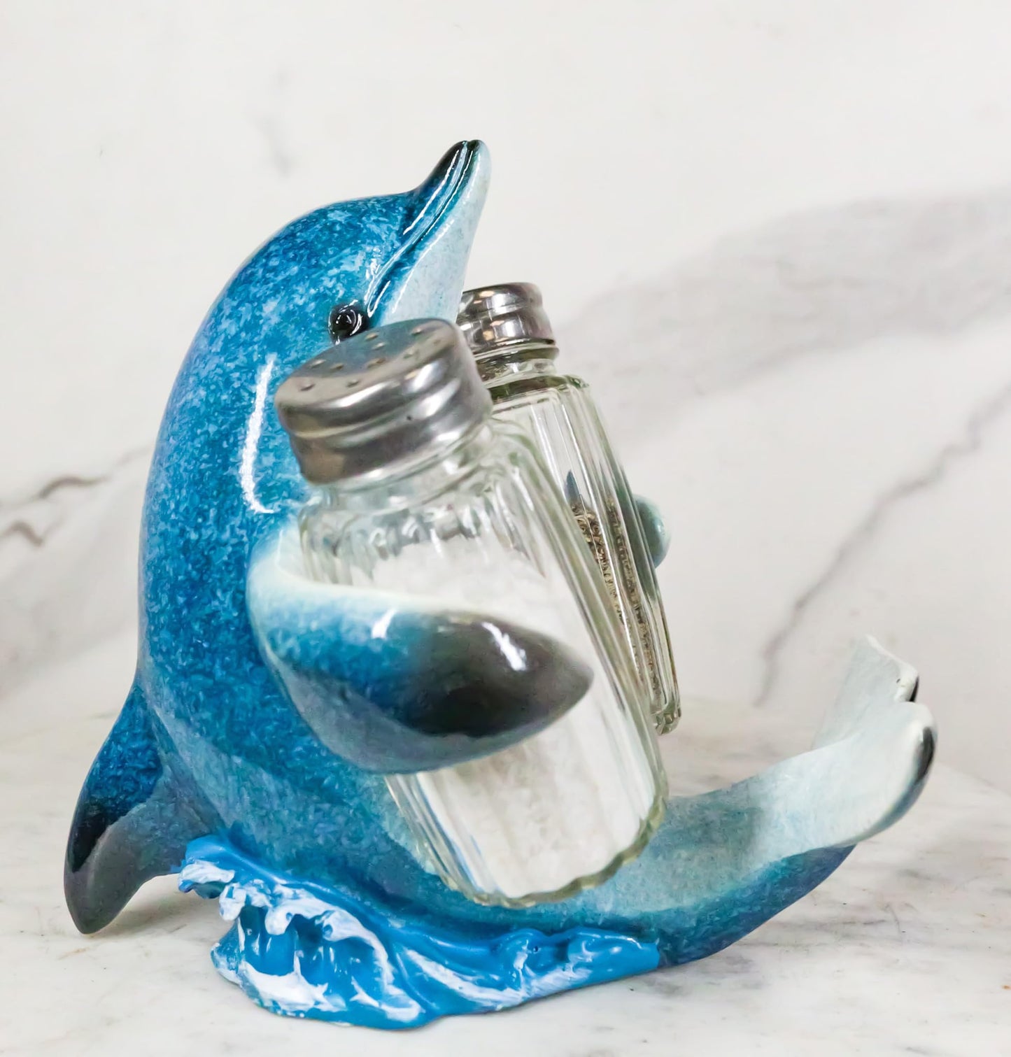 Ebros Gift Nautical Ocean Marine Blue Dolphin Riding Sea Waves Hugging Salt And Pepper Shakers Holder Figurine Stand For Coastal Beach Marine Wildlife Dolphins Enthusiasts