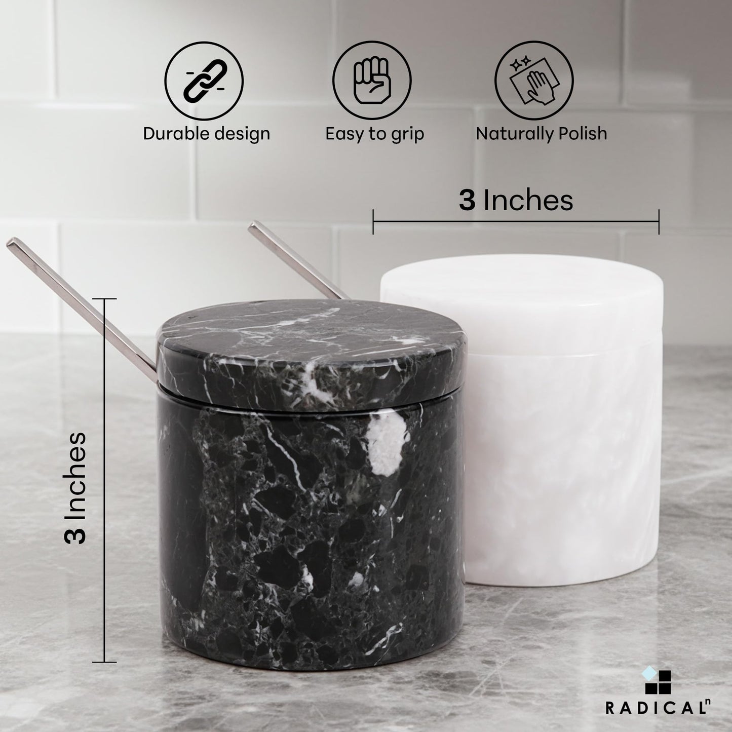 Radicaln Marble Salt Cellar with Lid and Tray 3" Inch Black & White Handmade Salt Dish For Kitchen Countertop, Ideal Set of 2 Seasoning Jars & Table Salt Container For Table