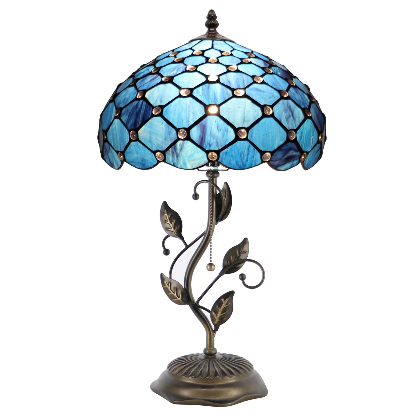 HWDFEI Tiffany Table Lamp, Stained Glass Style Desk Lamp, 12X12X19 Inch,Bedside Reading Light, Metal Leaf Base(Blue Beads Style