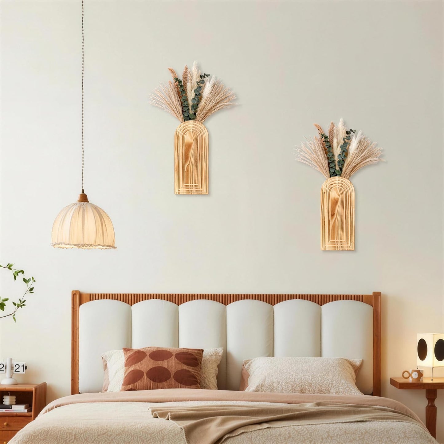 Wooden Wall Vase Set of 2 with Dried Pampas Grass & Eucalyptus – Boho Farmhouse Wall Decor for Living Room, Bathroom, Entryway or Hallway, Rustic Modern Wooden Wall Art
